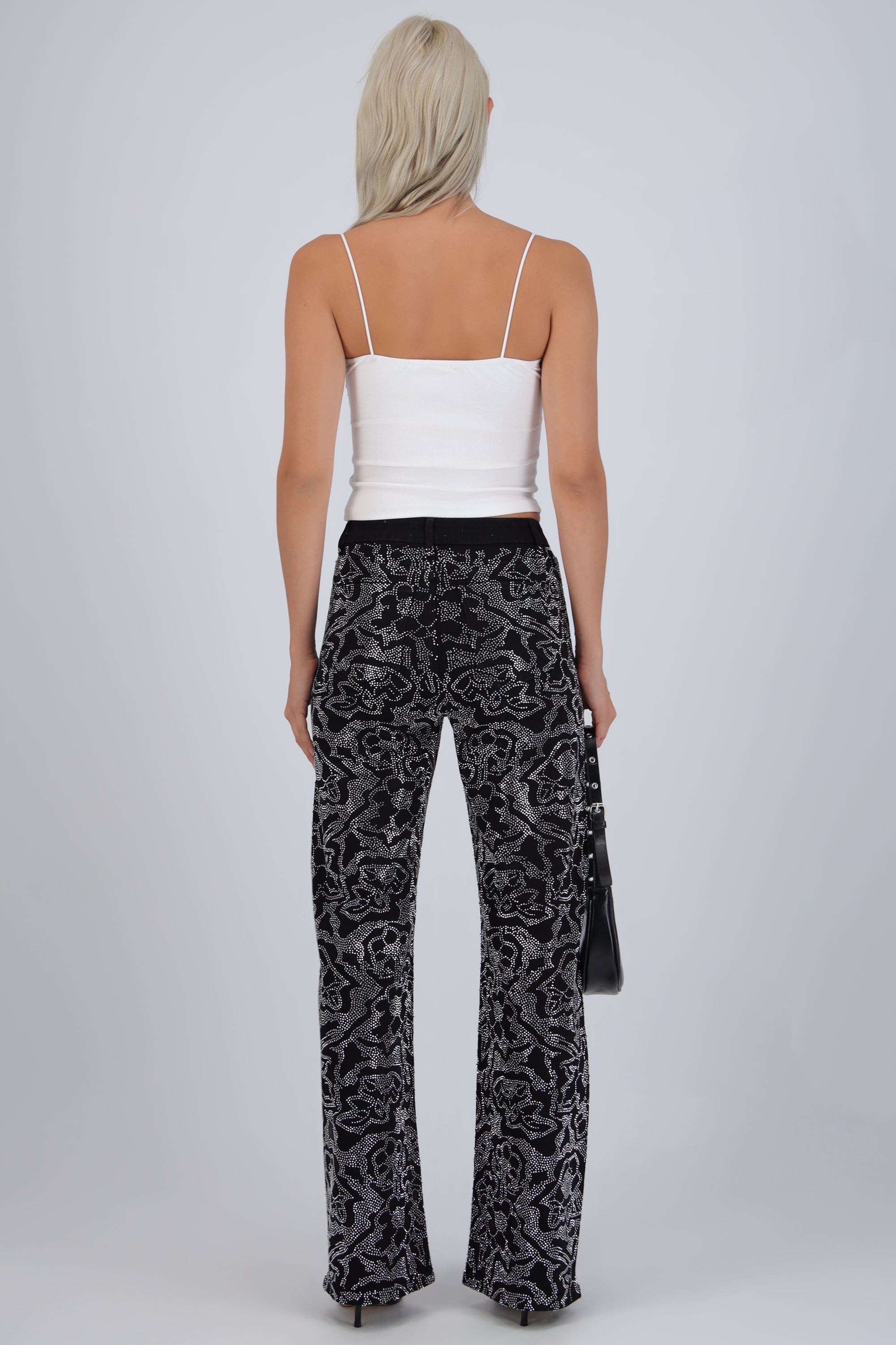 Jeans straight flores brillos