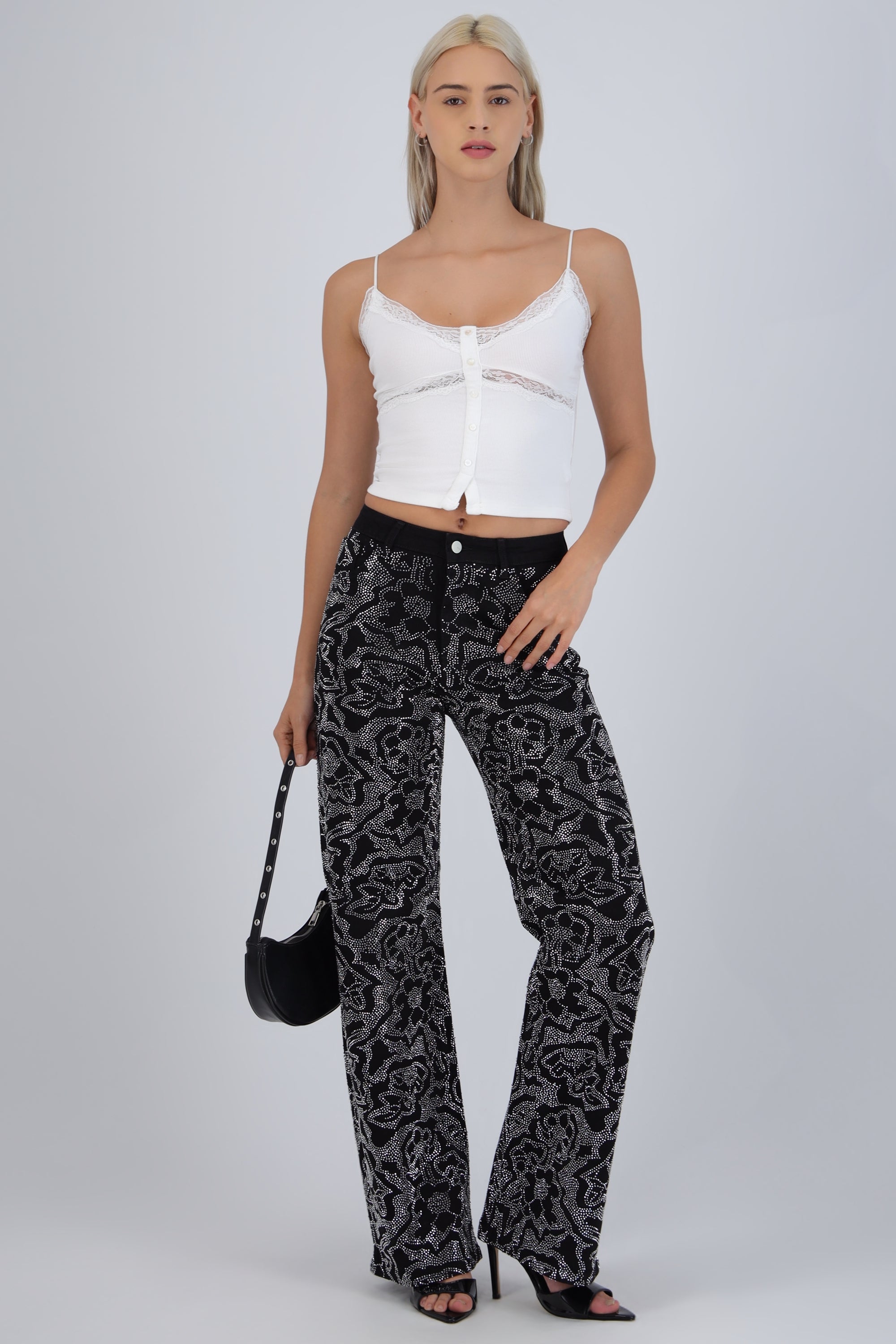Jeans straight flores brillos