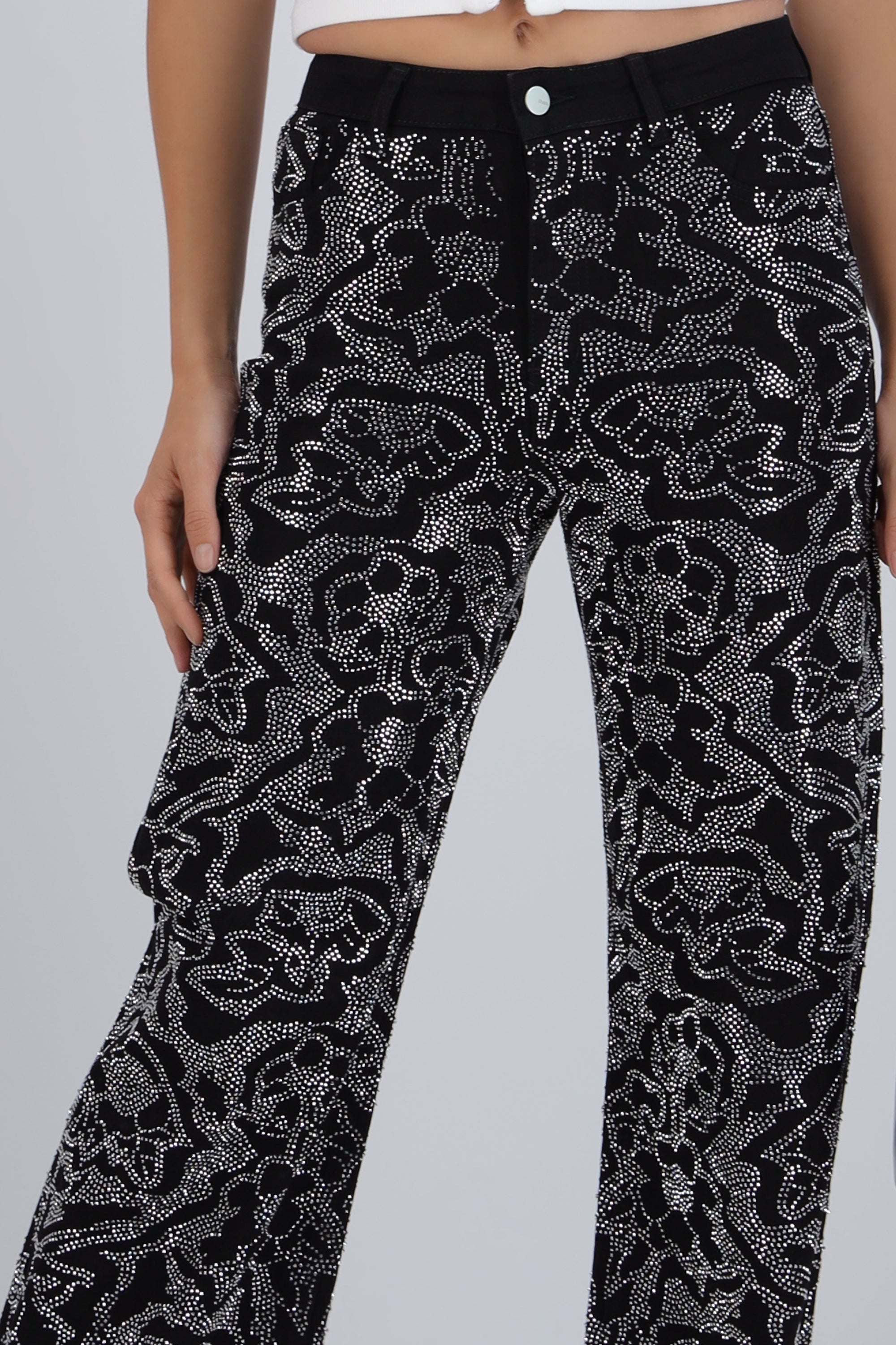 Jeans straight flores brillos