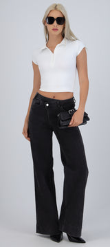 Jeans wide leg pretina cruzada
