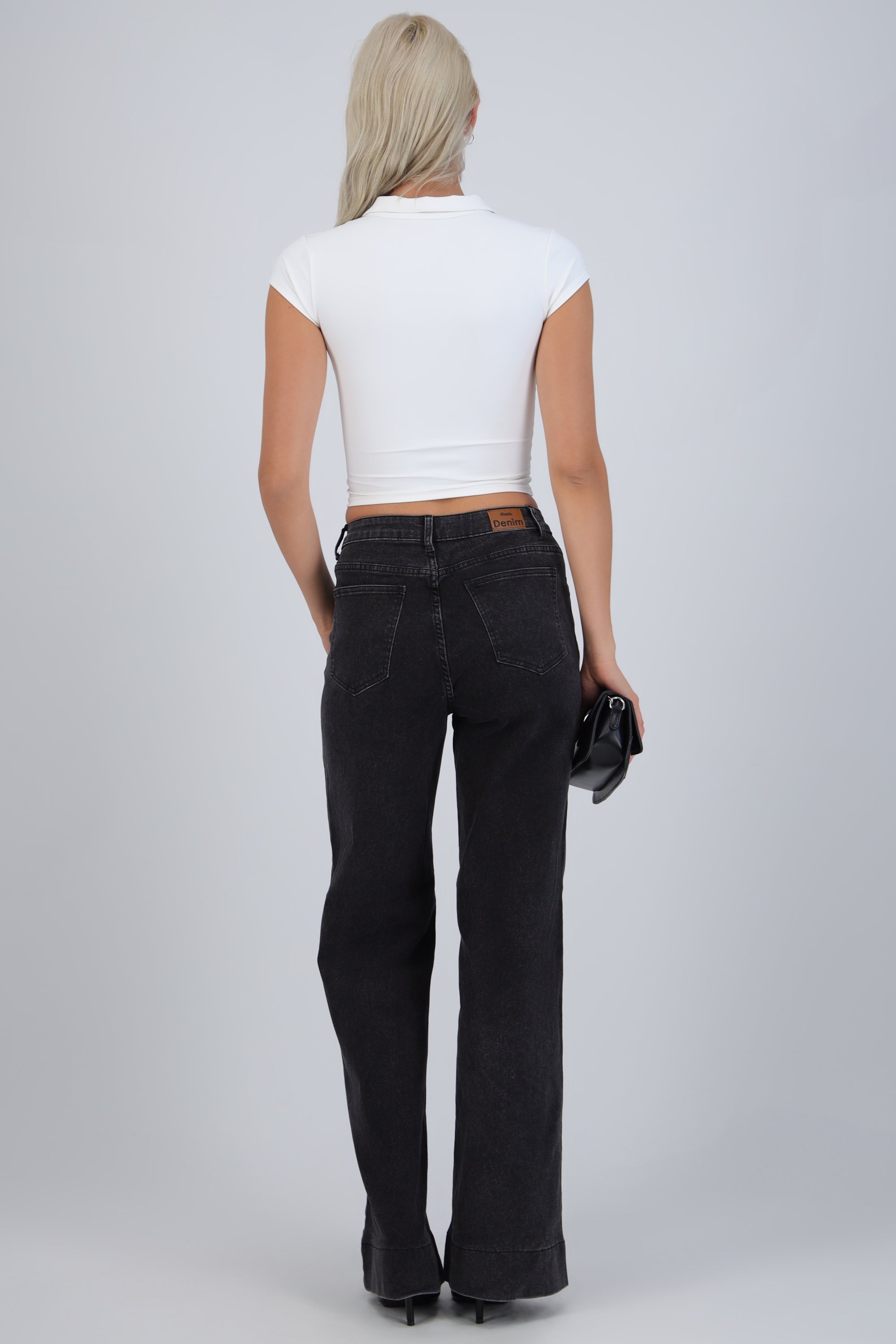 Jeans wide leg pretina cruzada