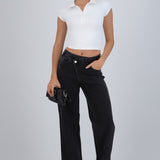 Jeans wide leg pretina cruzada