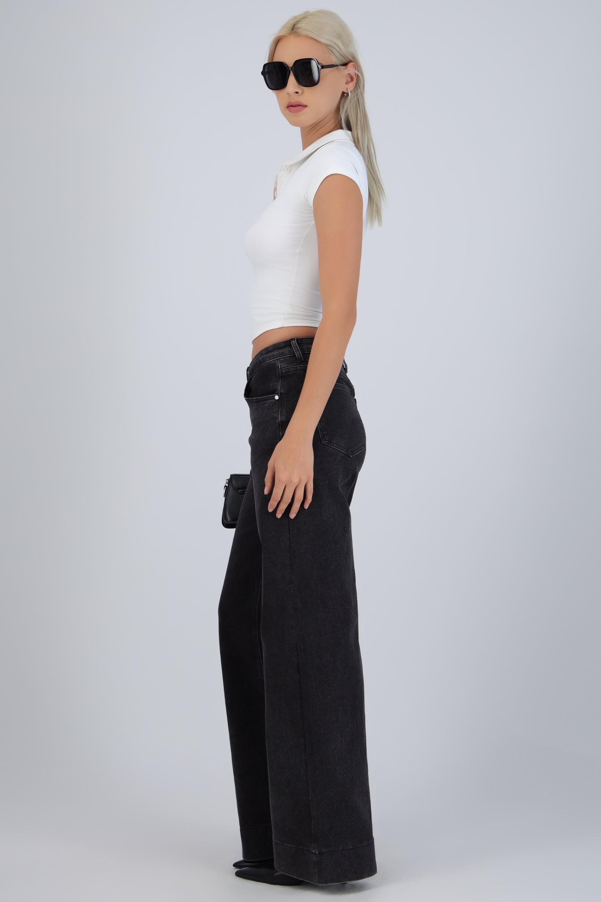 Jeans wide leg pretina cruzada