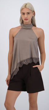 Top satin halter detalle encaje