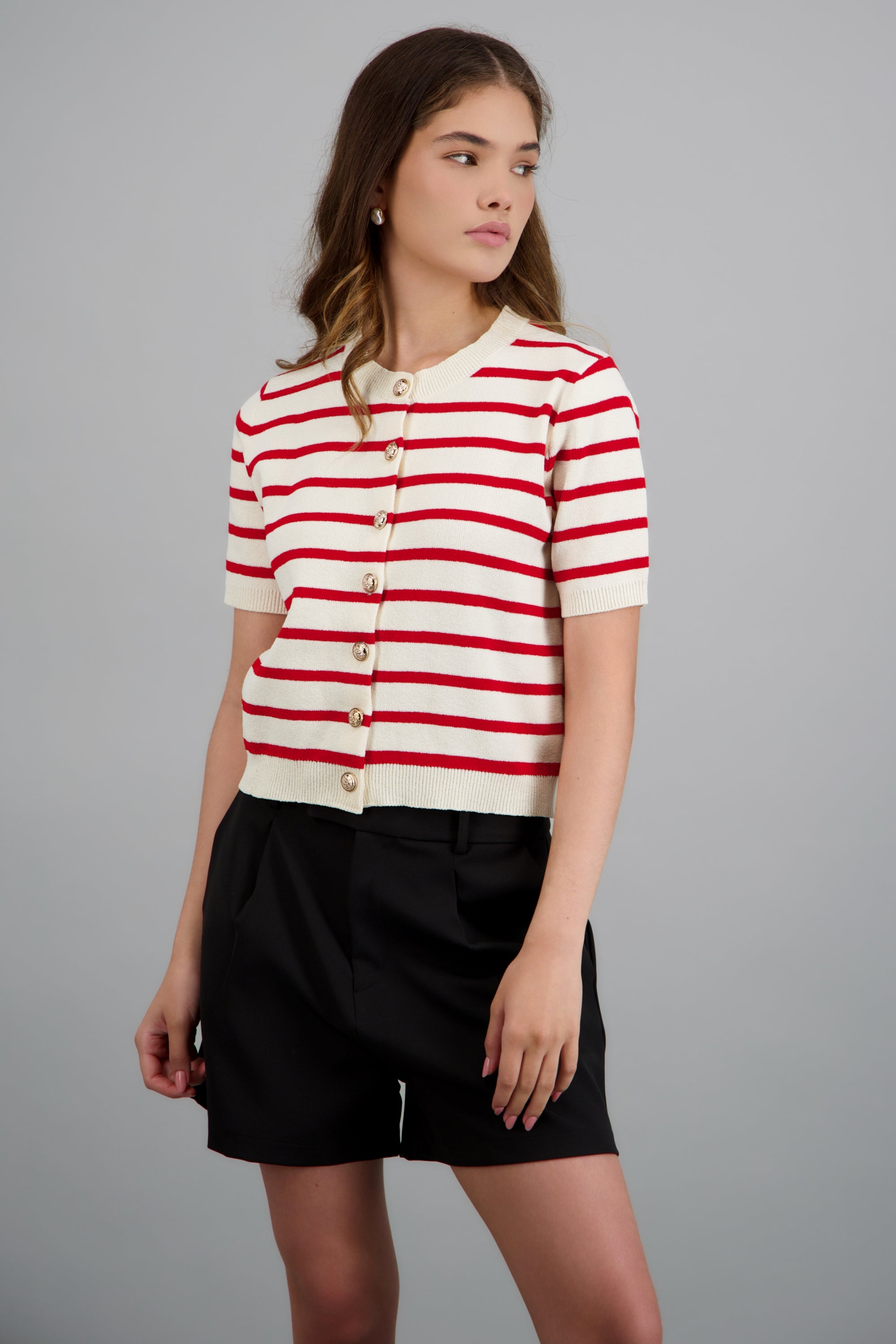 Top manga corta rayas con botones ROJO COMBO