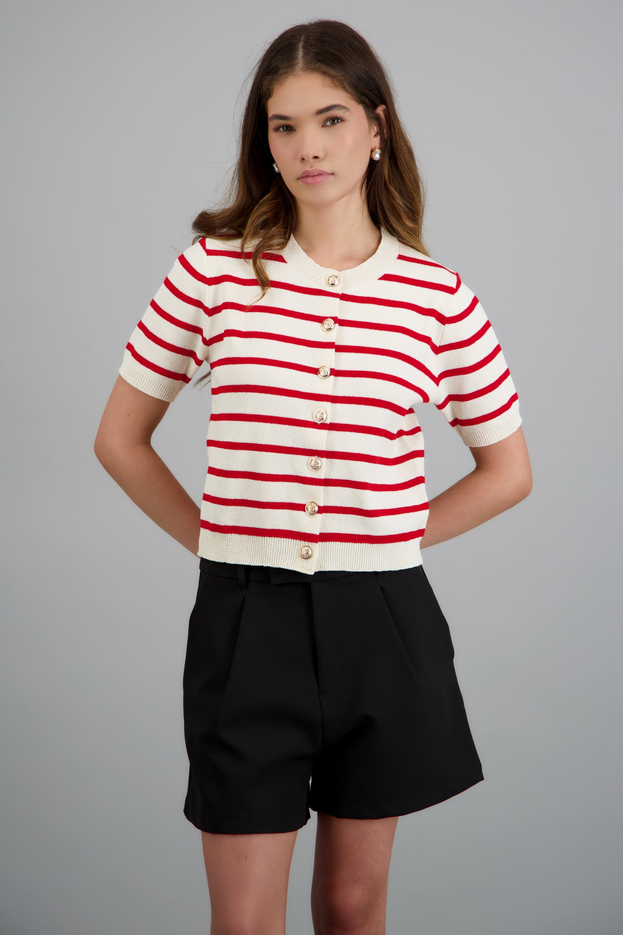 Top manga corta rayas con botones ROJO COMBO