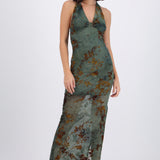 Vestido maxi halter mesh con velvet