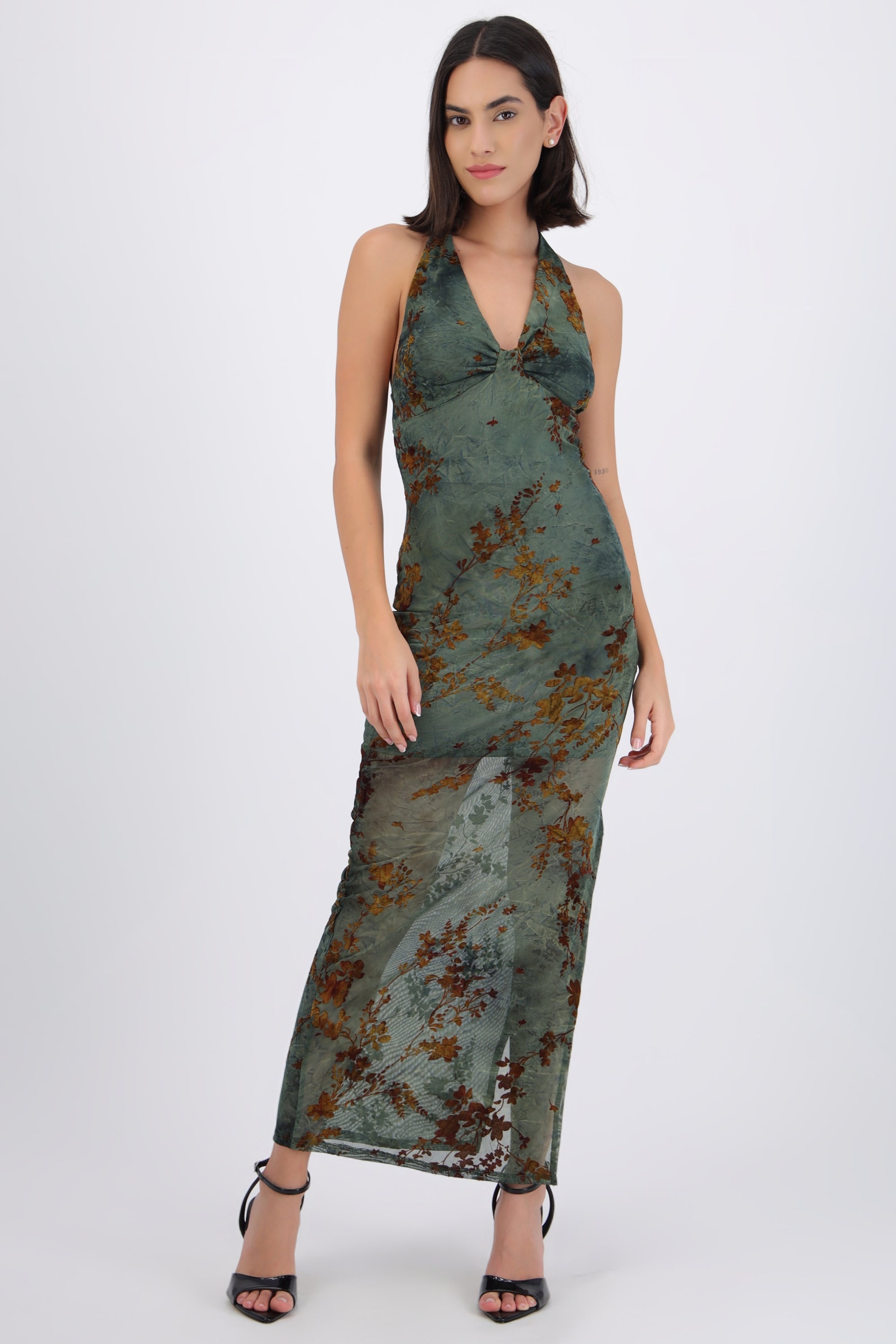 Vestido maxi halter mesh con velvet