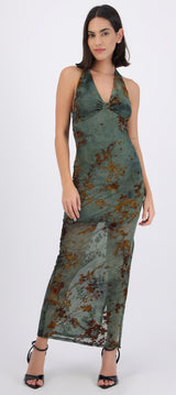 Vestido maxi halter mesh con velvet