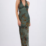 Vestido maxi halter mesh con velvet