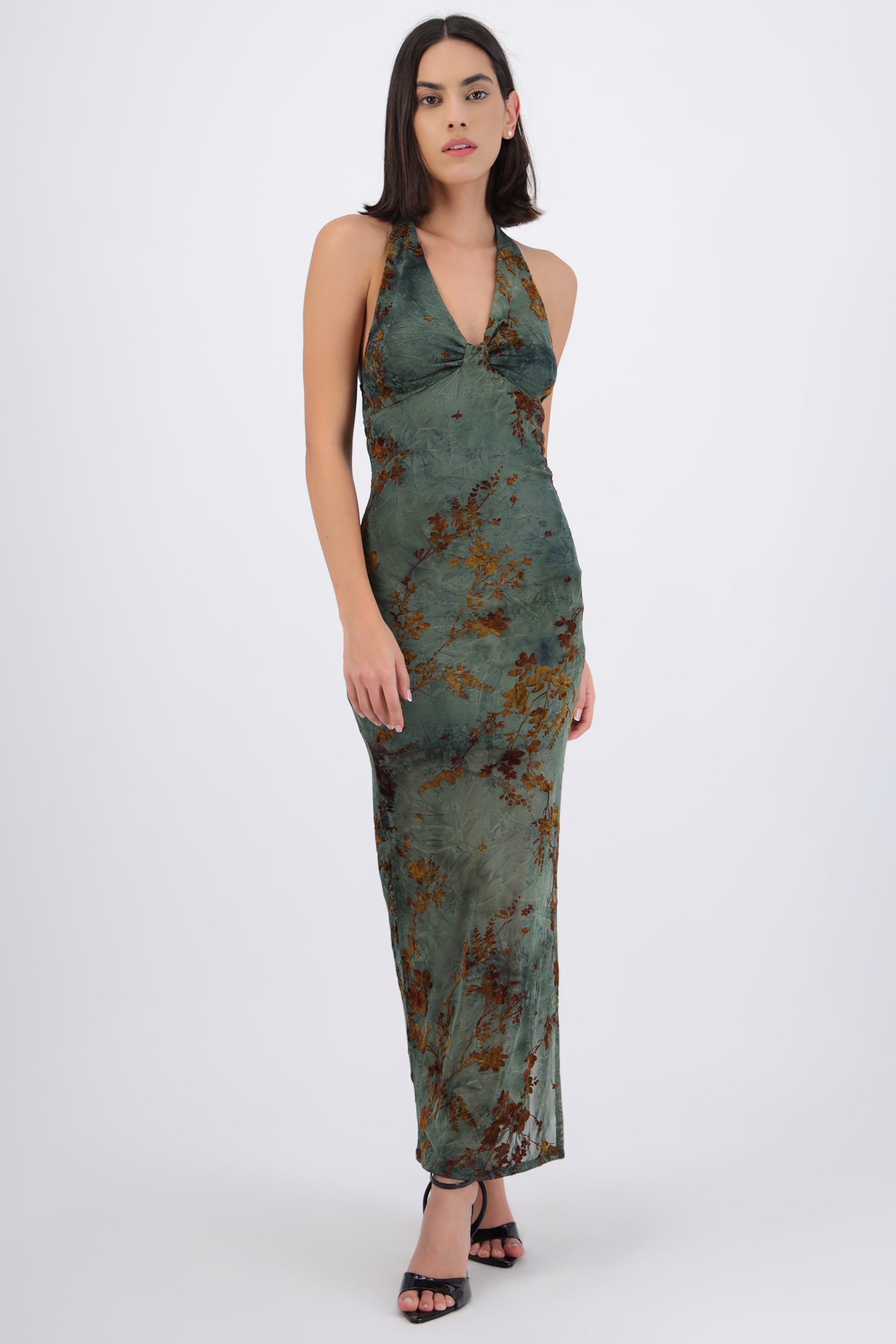Vestido maxi halter mesh con velvet