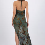 Vestido maxi halter mesh con velvet