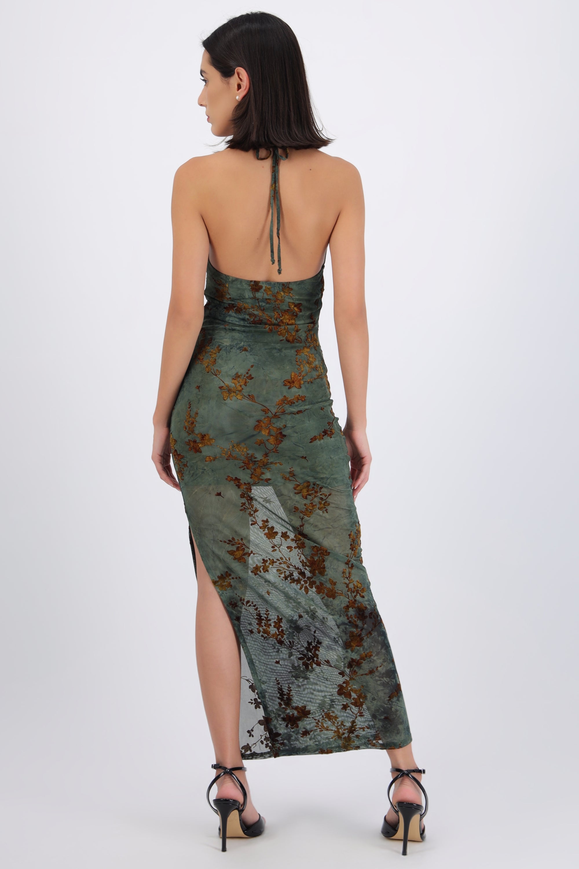 Vestido maxi halter mesh con velvet