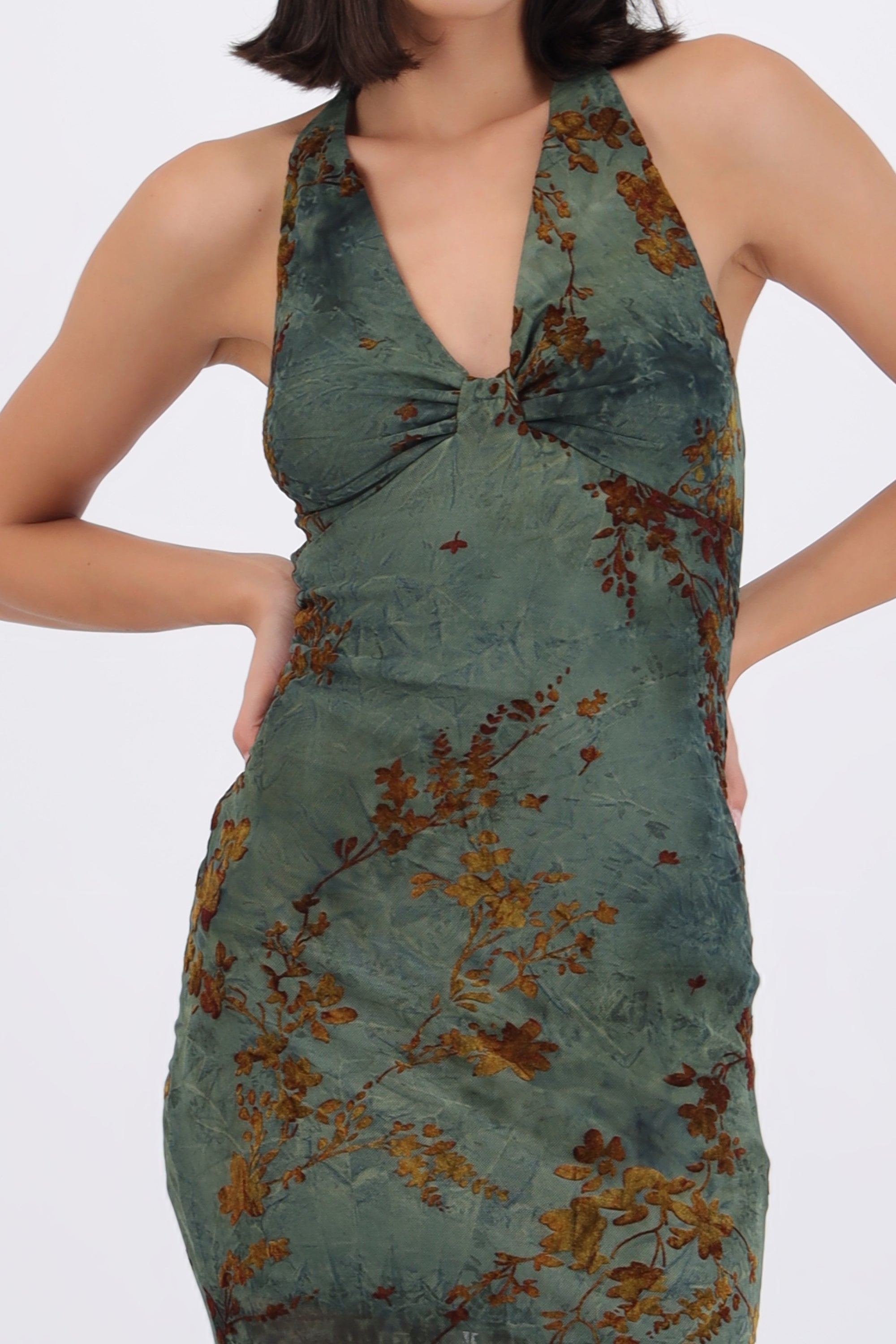 Vestido maxi halter mesh con velvet