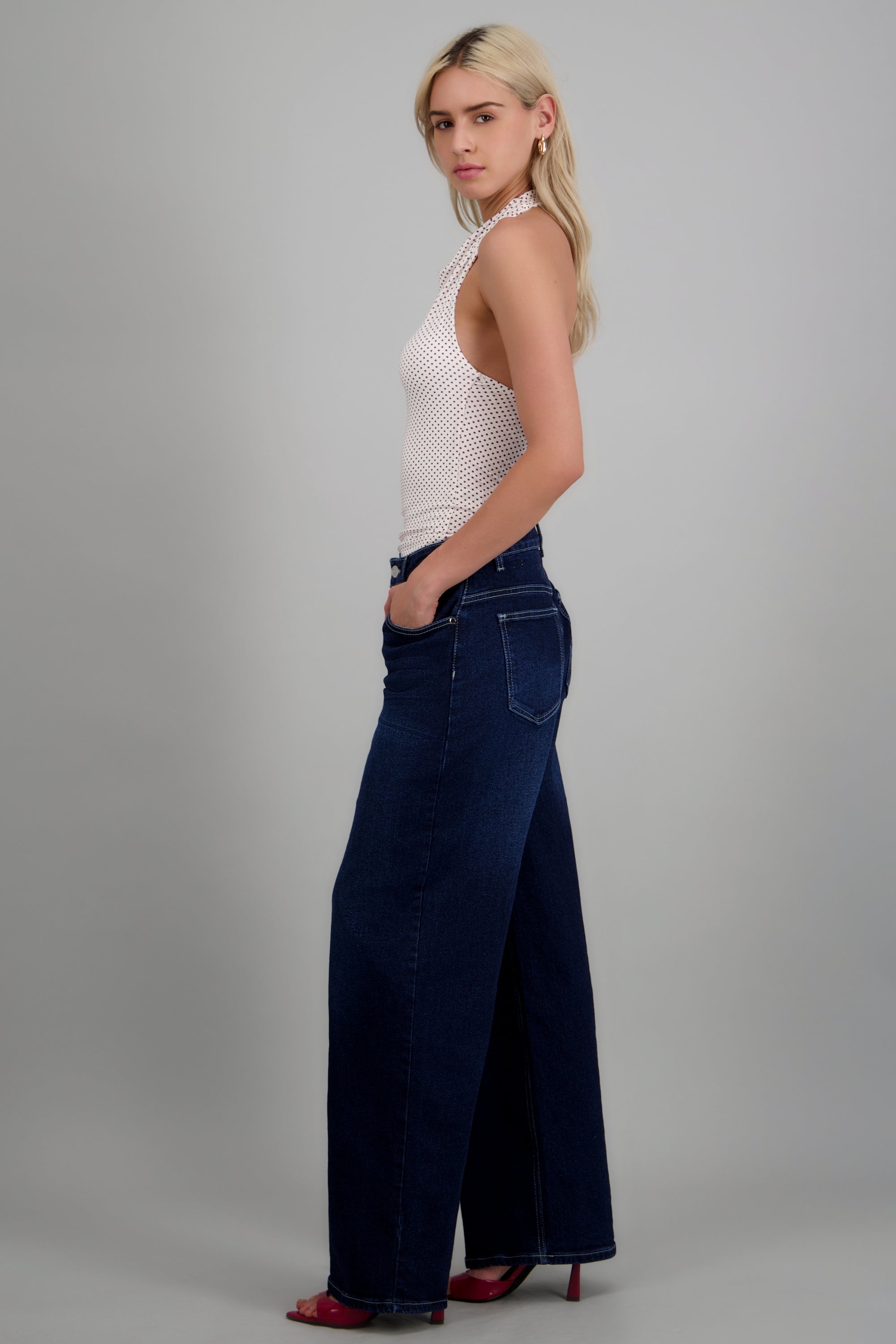 Jeans wide leg costuras DARK WASH