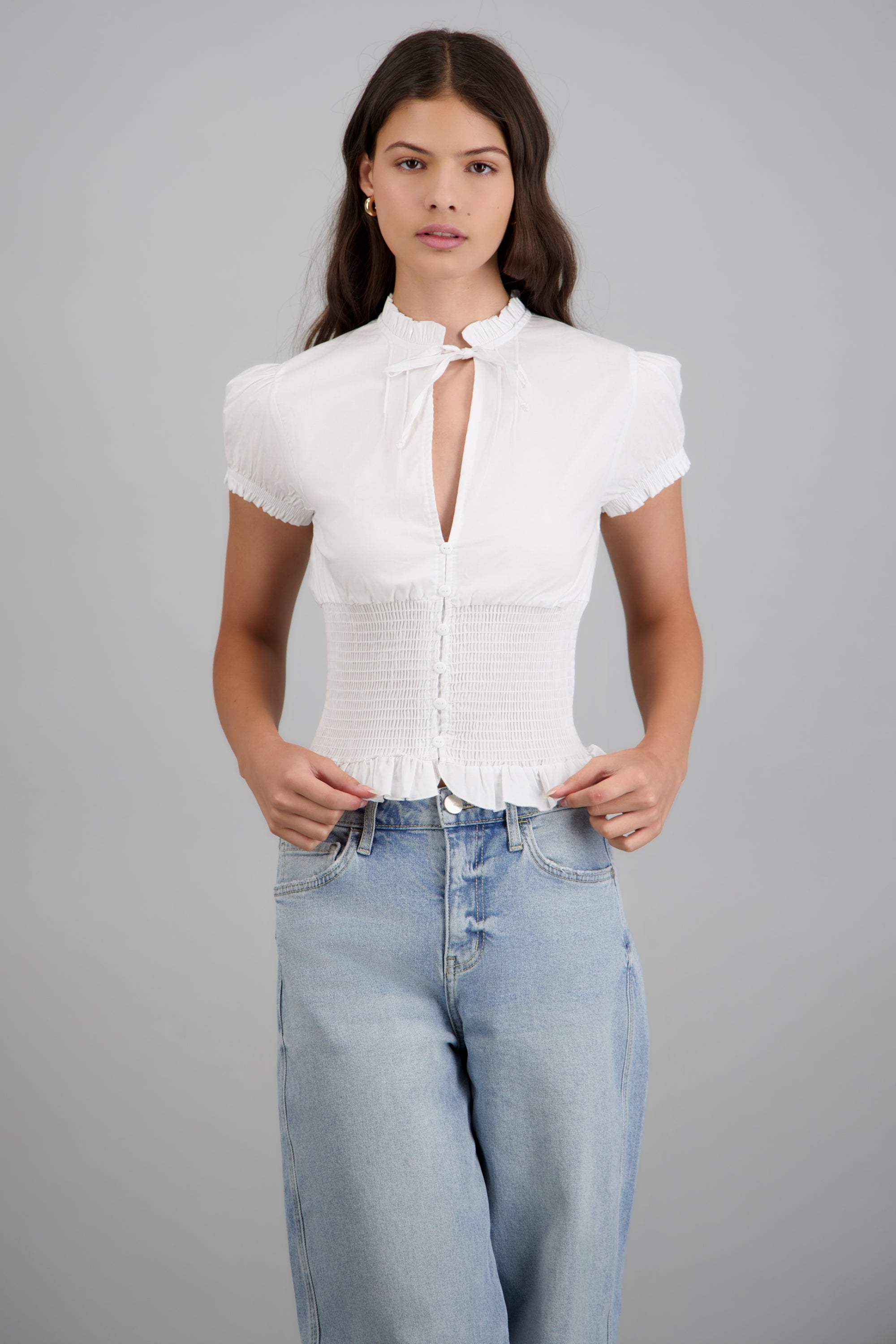 Blusa manga corta detalle smock BLANCO