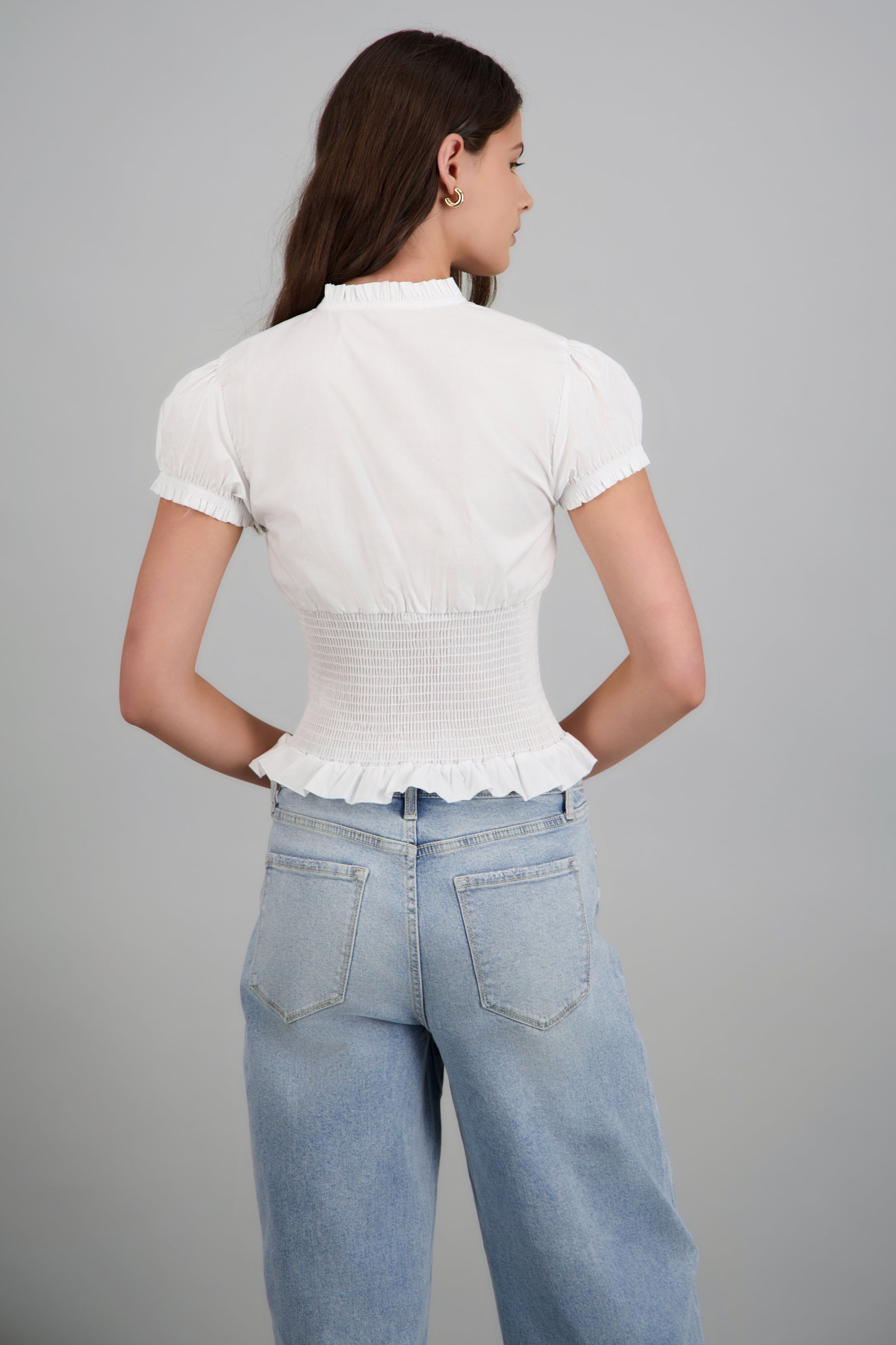 Blusa manga corta detalle smock BLANCO