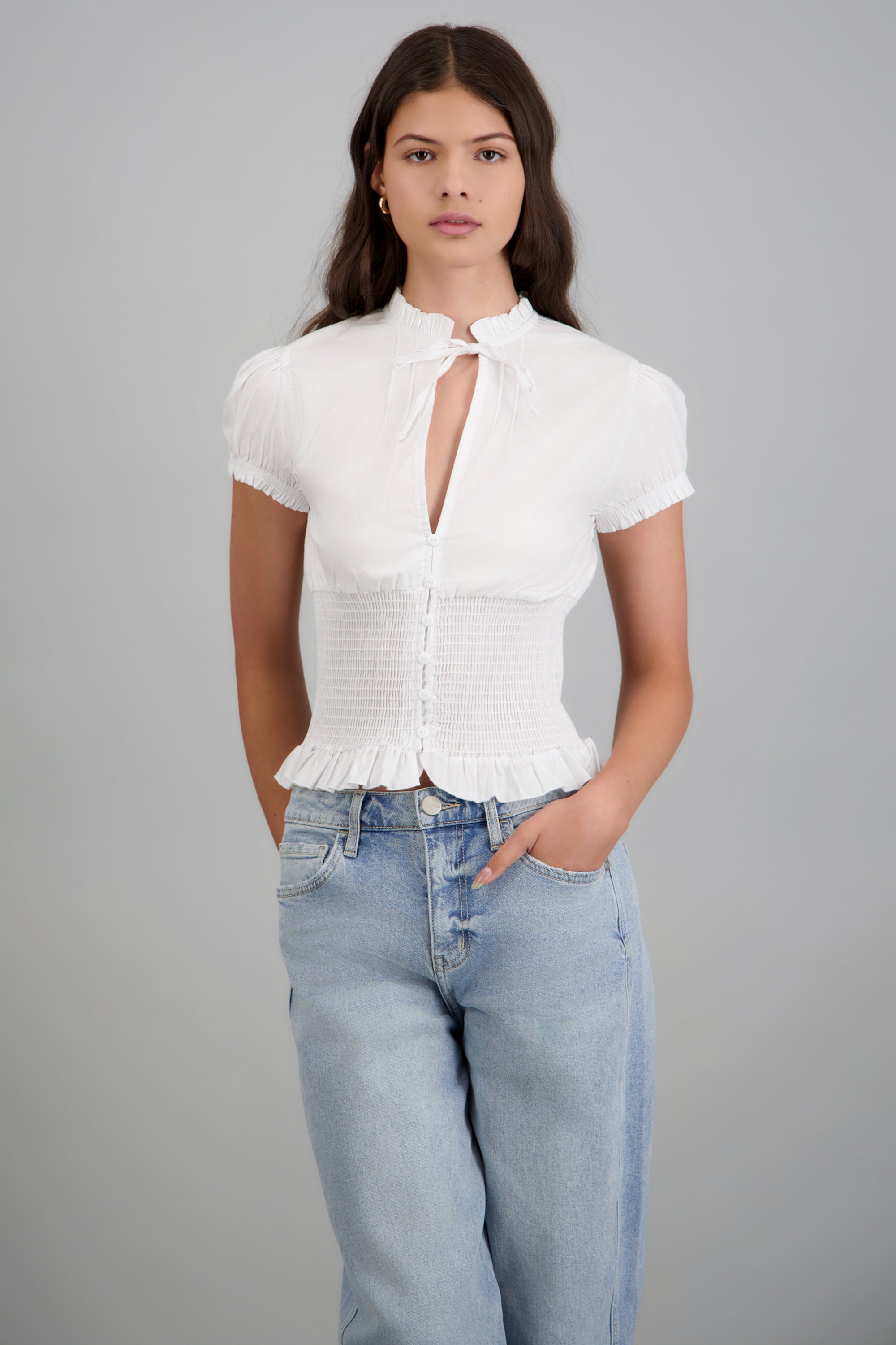 Blusa manga corta detalle smock BLANCO