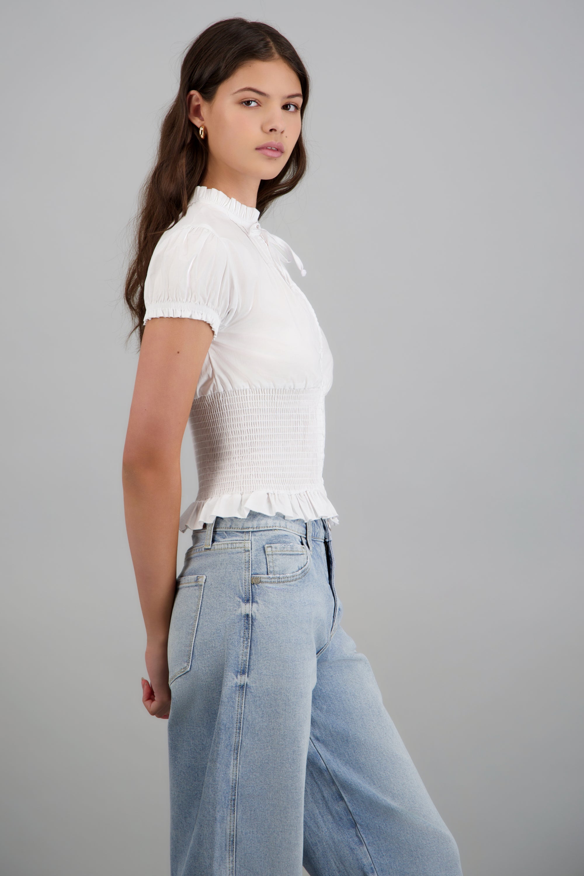 Blusa manga corta detalle smock BLANCO
