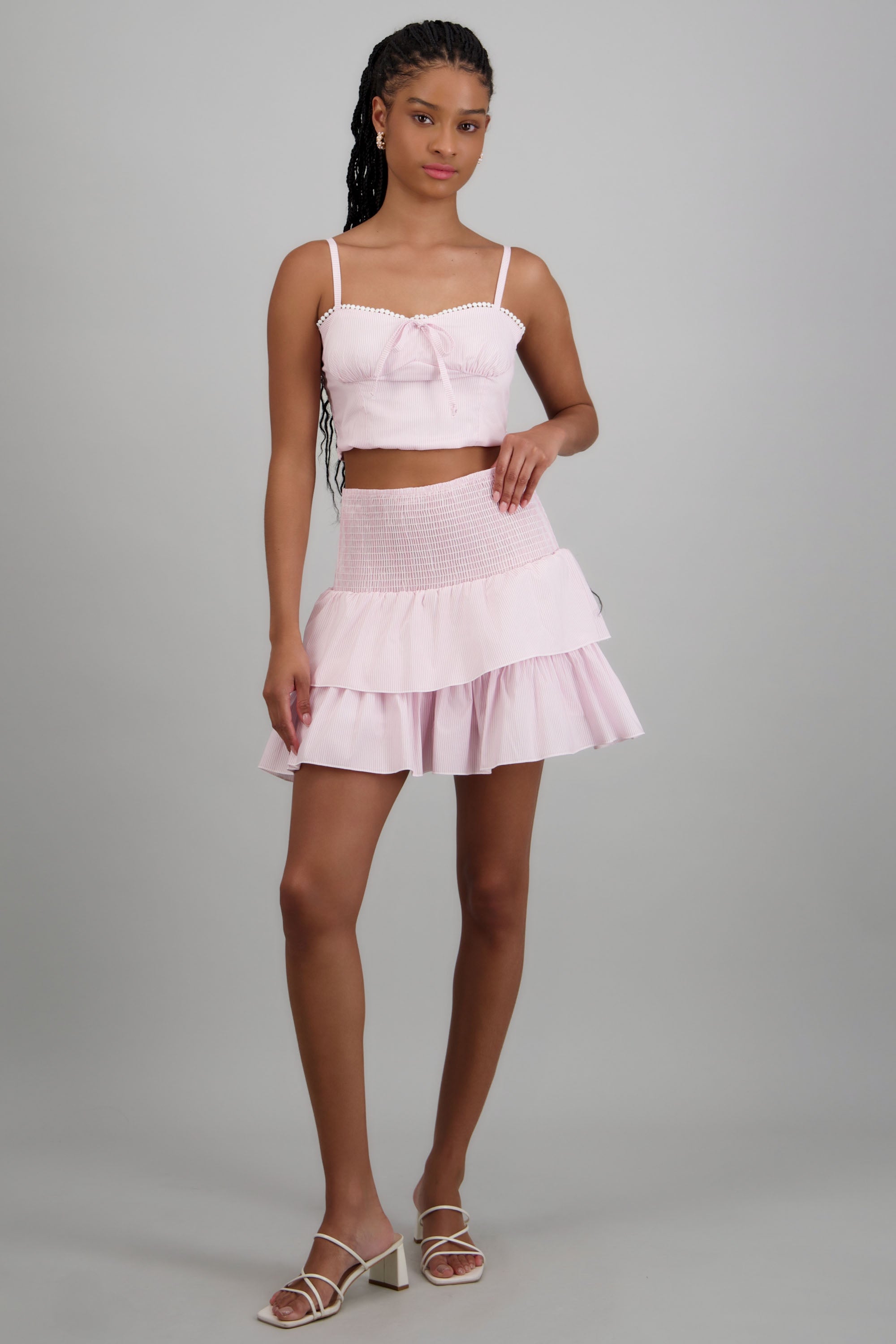 Falda mini detalle smock cintura ROSA COMBO