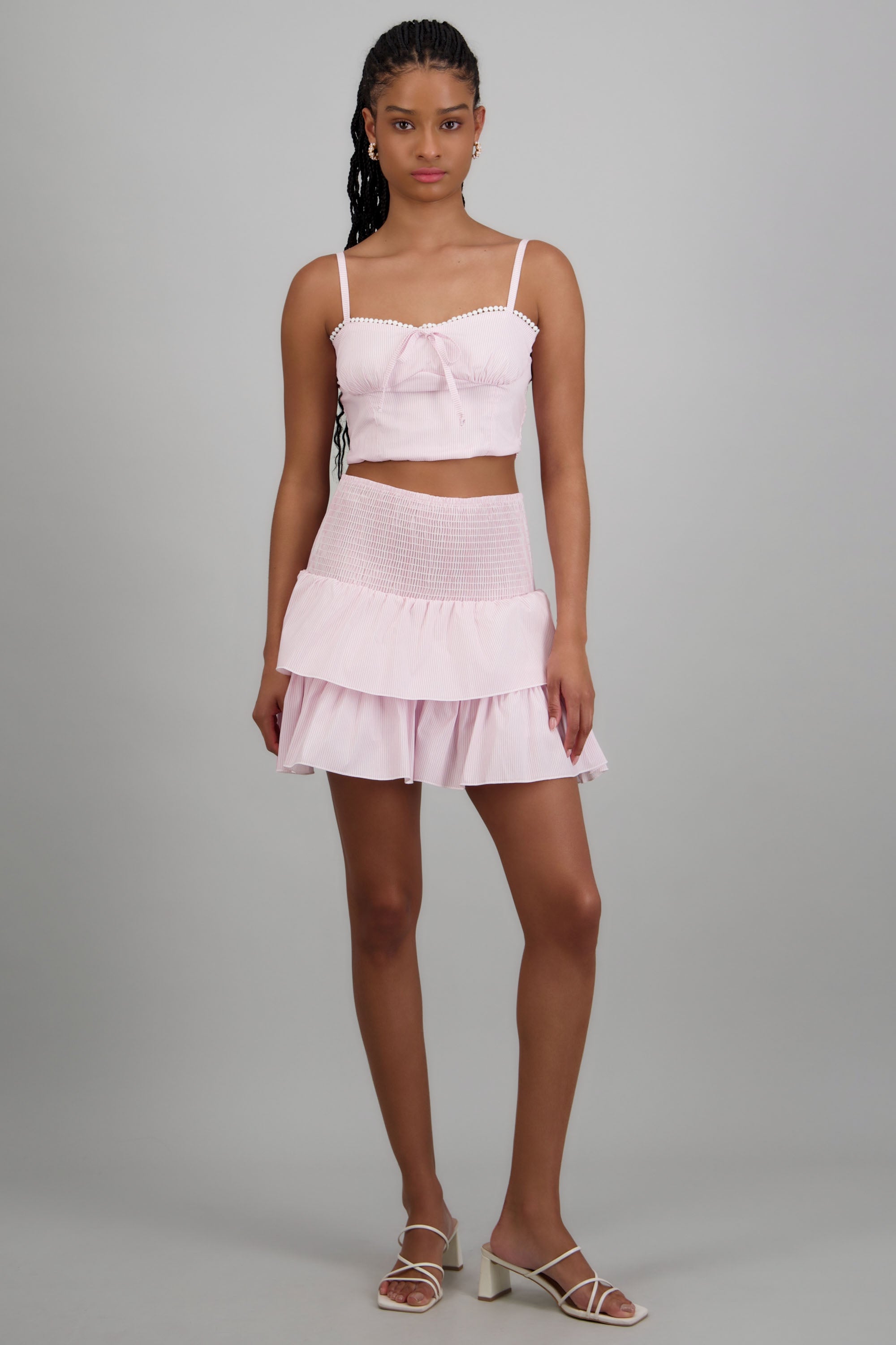 Falda mini detalle smock cintura ROSA COMBO