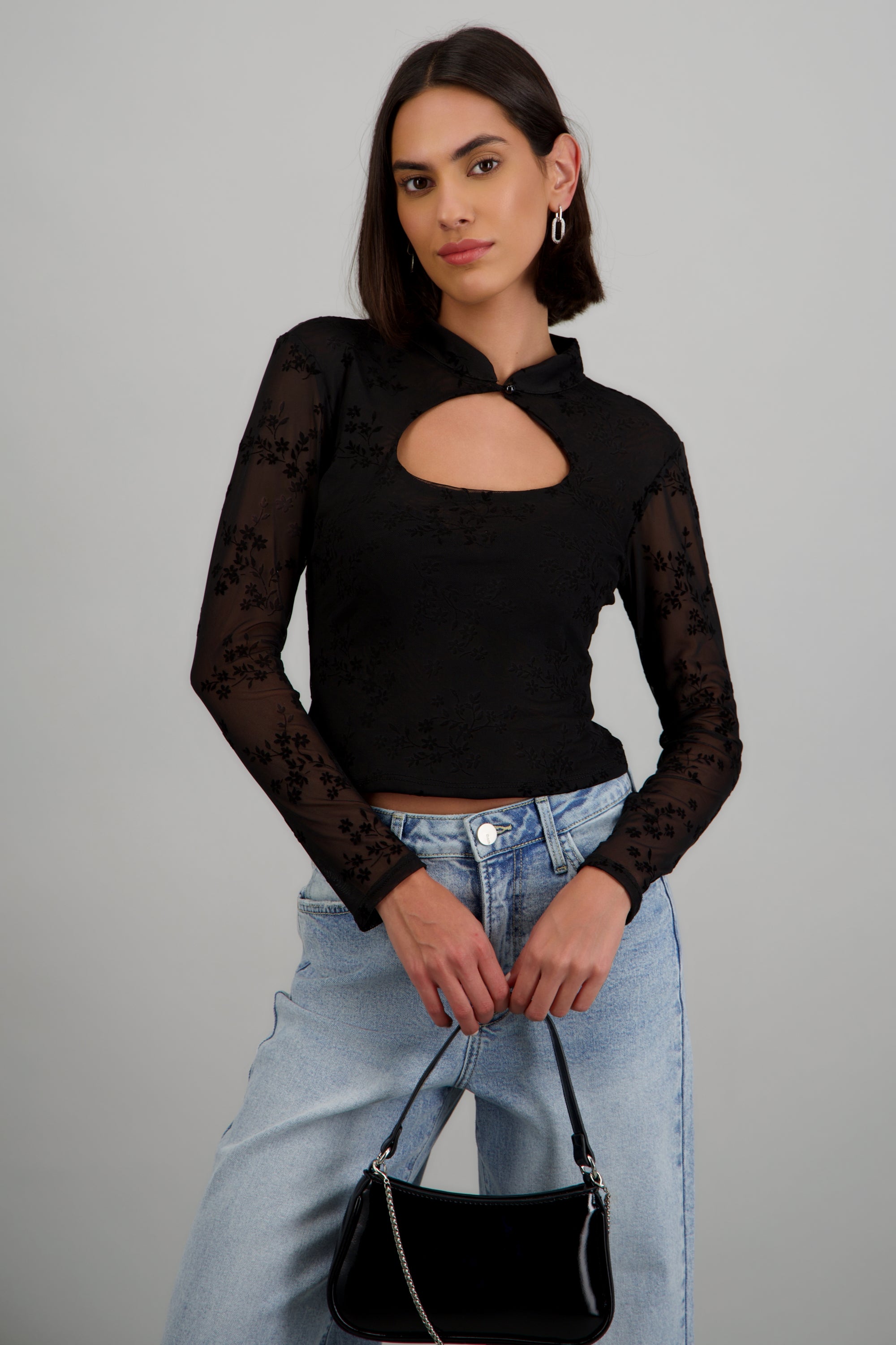 Top abertura escote manga larga mesh NEGRO