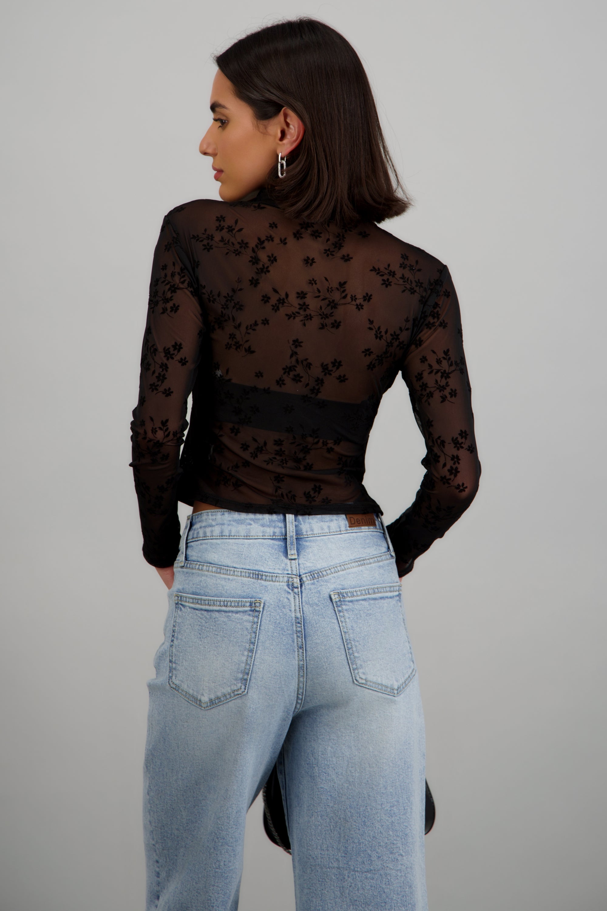 Top abertura escote manga larga mesh NEGRO