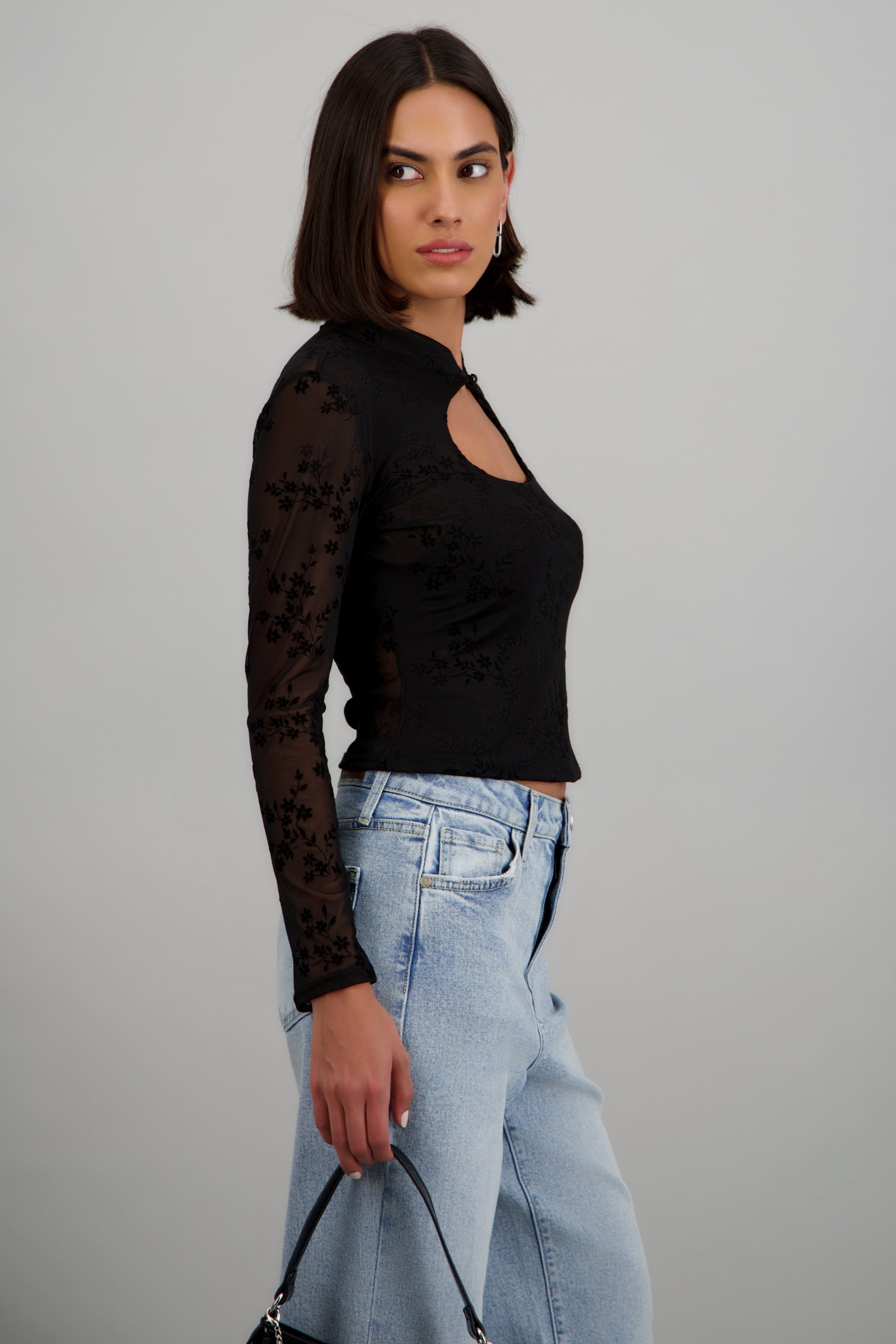 Top abertura escote manga larga mesh NEGRO