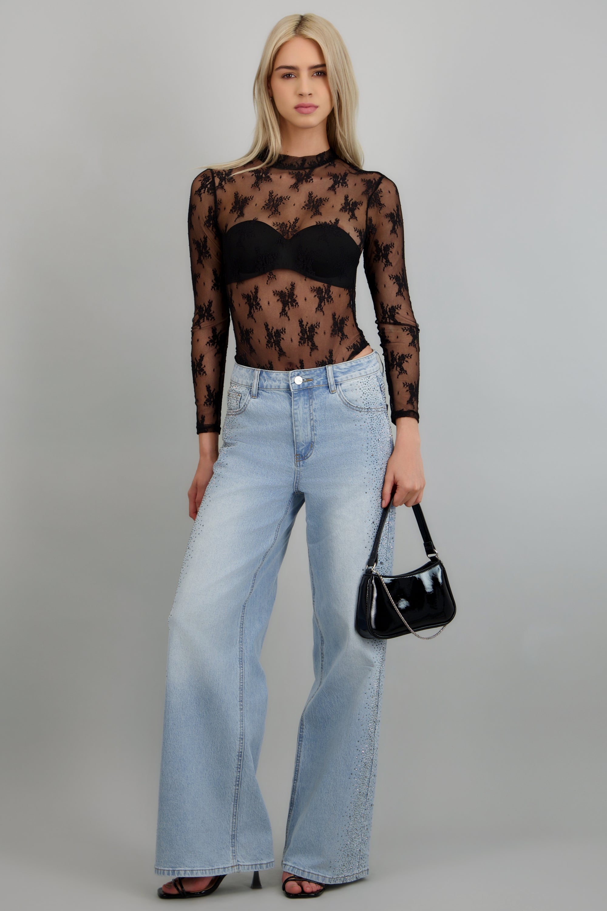 Bodysuit cuello alto manga larga encaje NEGRO