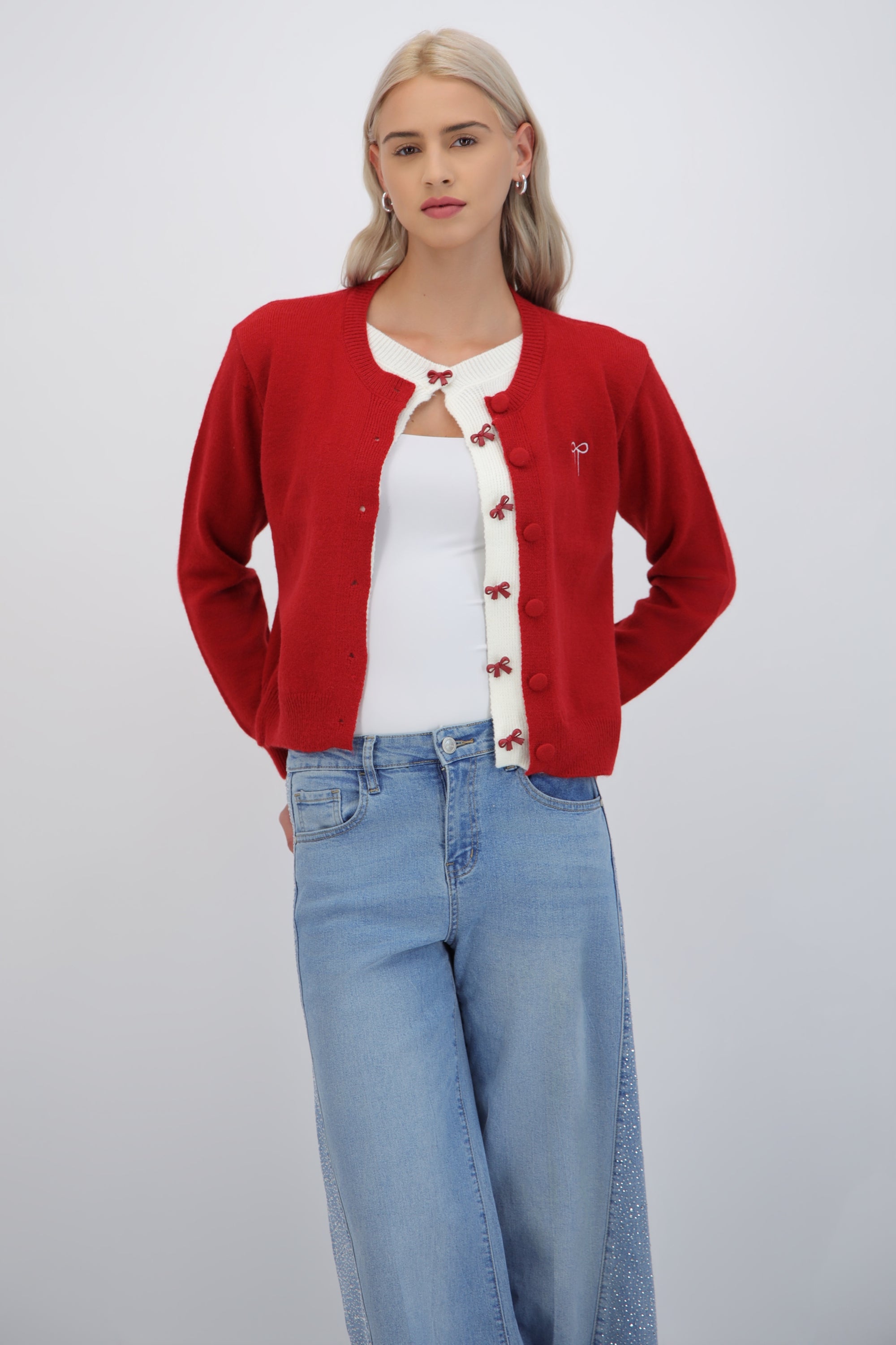 Cardigan doble con moño ROJO COMBO