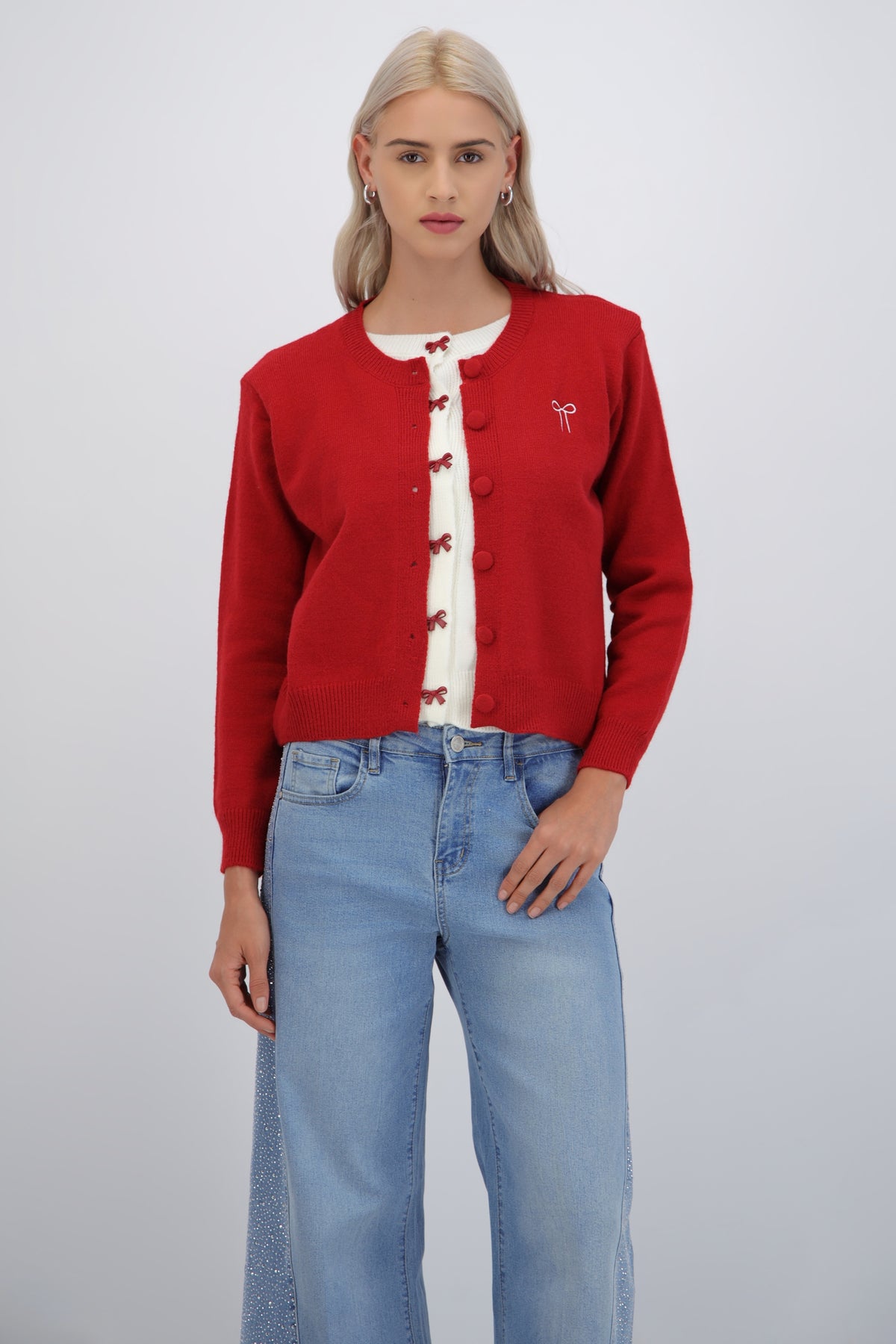 Cardigan doble con moño ROJO COMBO