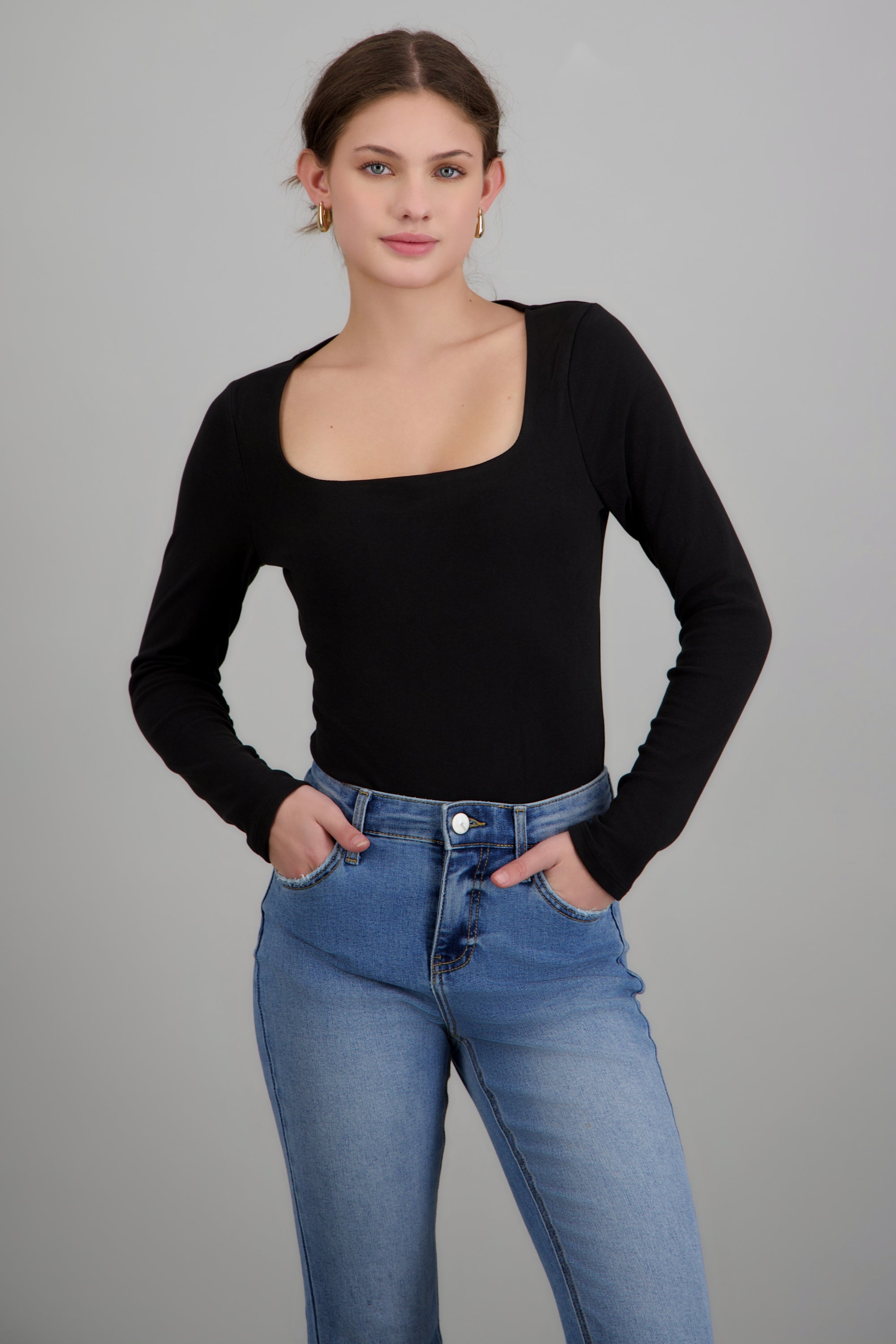 Bodysuit manga larga escote cuadrado tacto suave NEGRO
