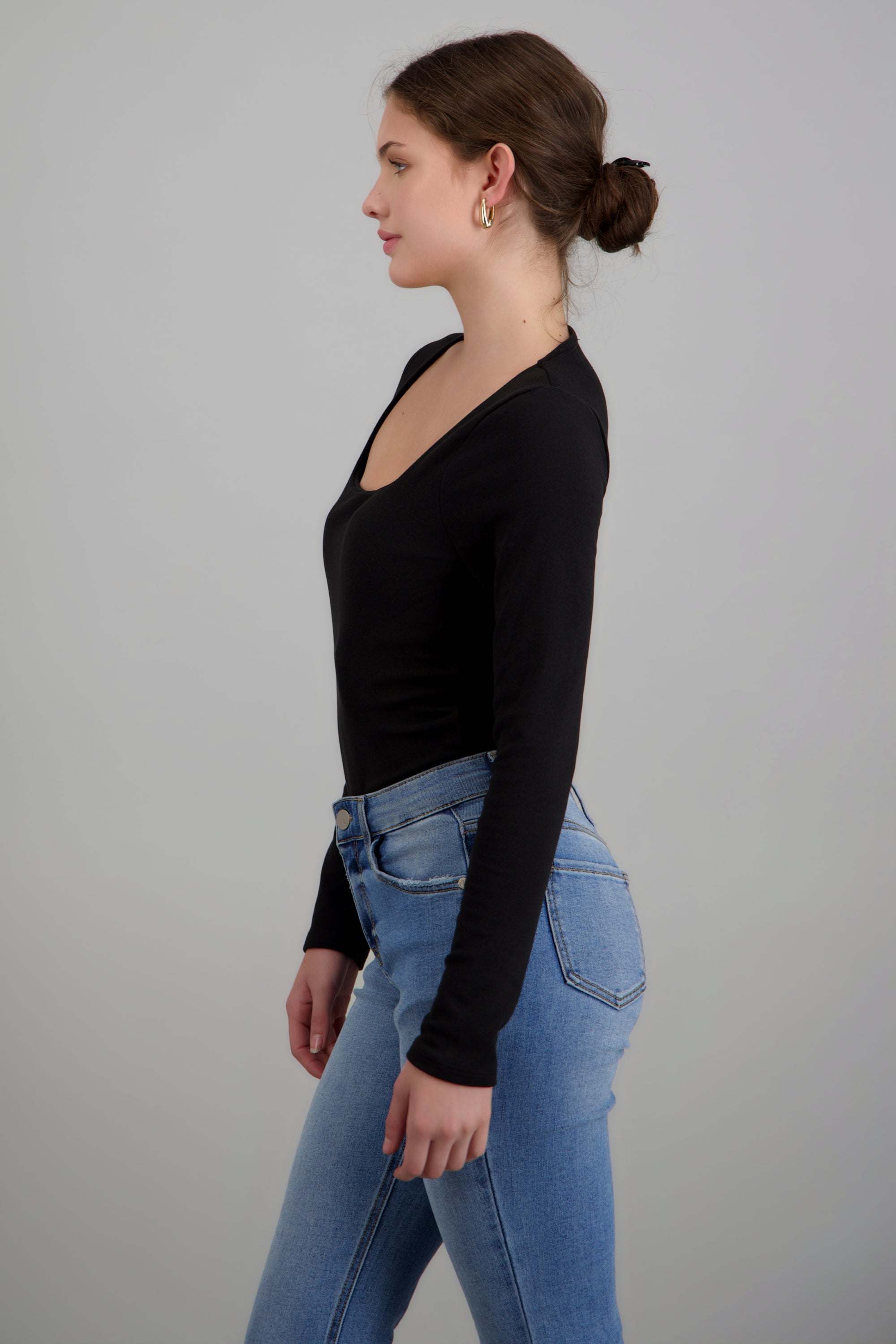 Bodysuit manga larga escote cuadrado tacto suave NEGRO