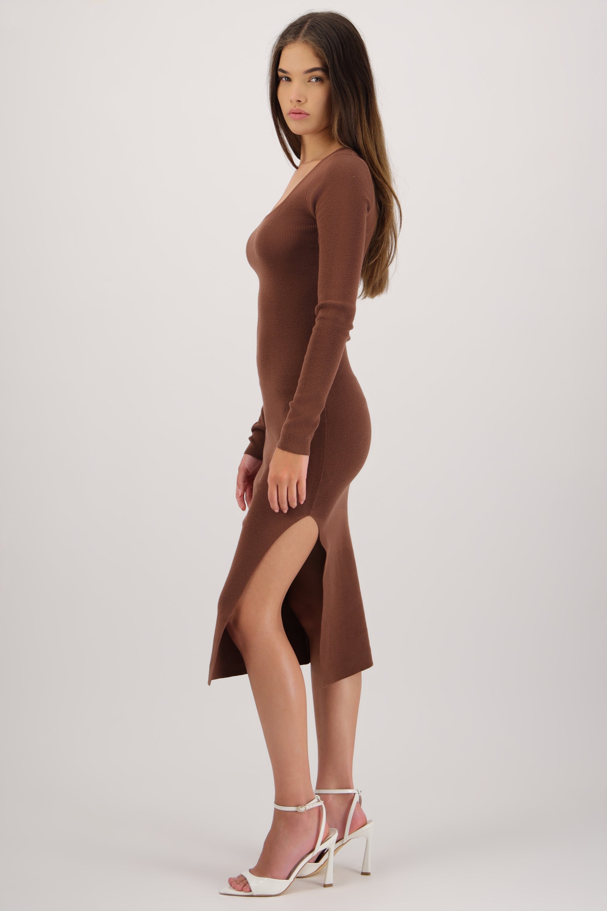 Vestido tejido mamga larga liso CAFE