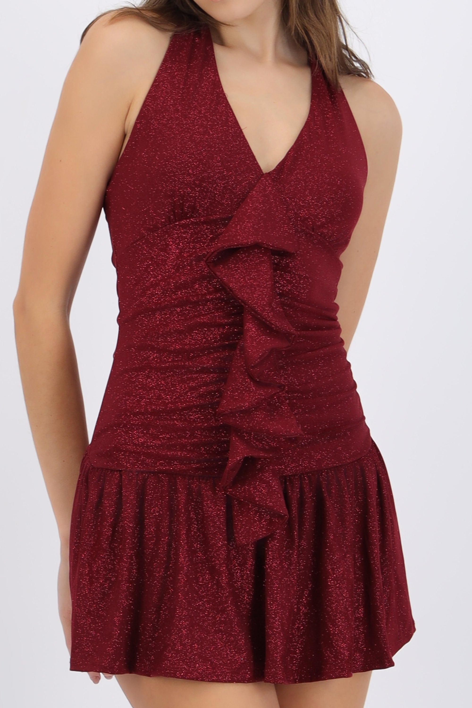 Vestido mini drapeado detalle olán