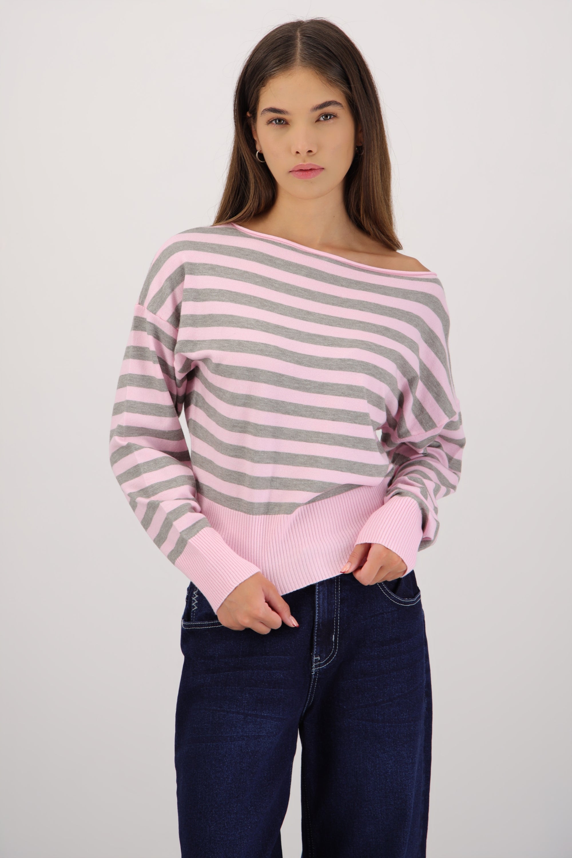 Sueter cuello asimetrico estampado rayas ROSA COMBO