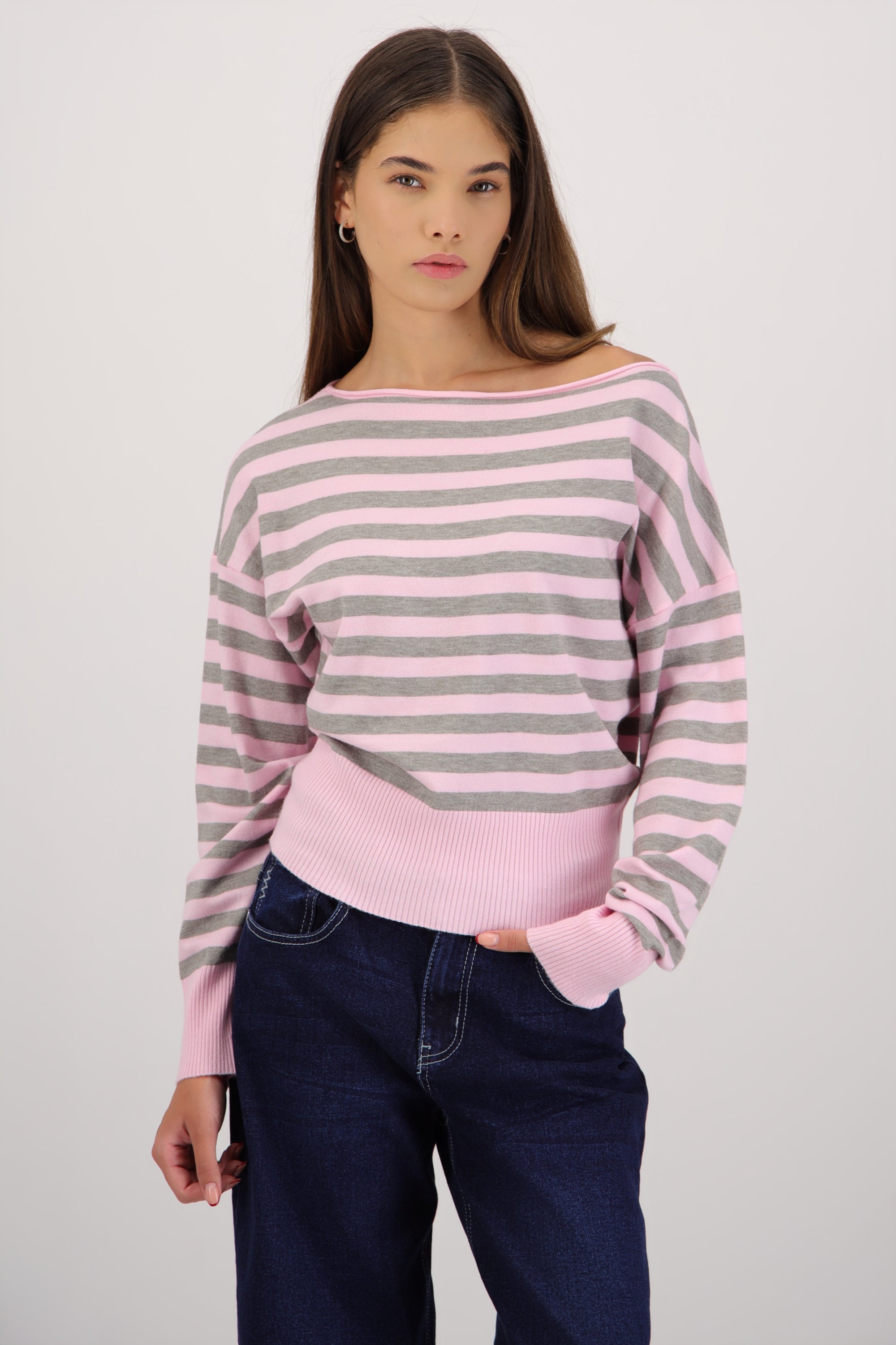 Sueter cuello asimetrico estampado rayas ROSA COMBO