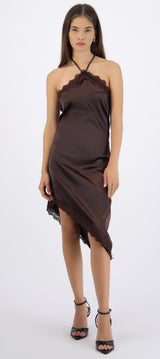 Vestido halter asimétrico encaje