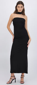 Vestido strapless brillos con bufanda