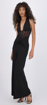 Vestido maxi halter contraste mesh
