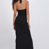 Vestido maxi halter contraste mesh