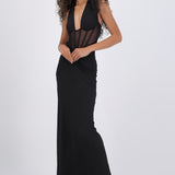 Vestido maxi halter contraste mesh