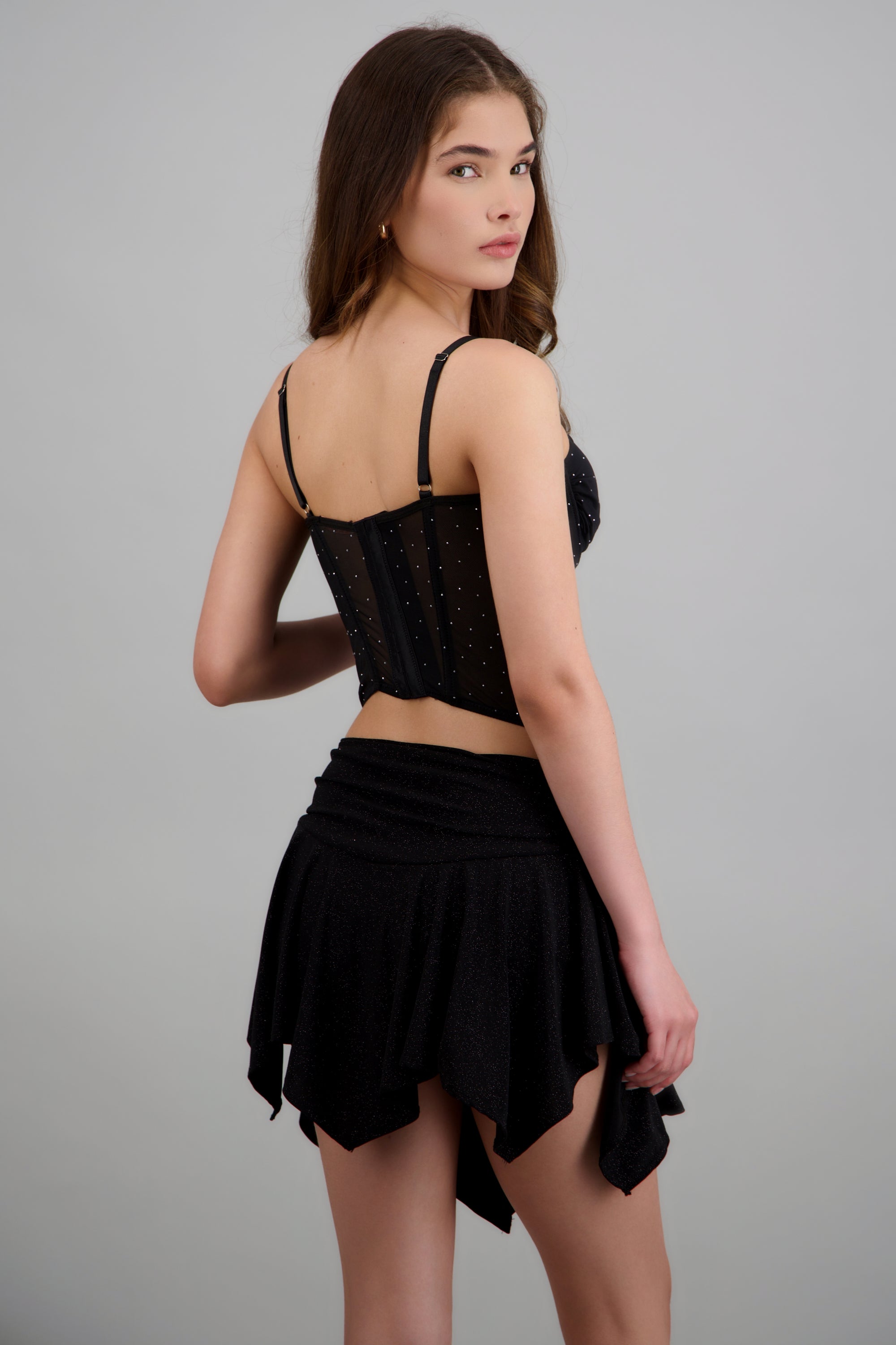 Blusa corset mesh brillos con copas y varillas NEGRO