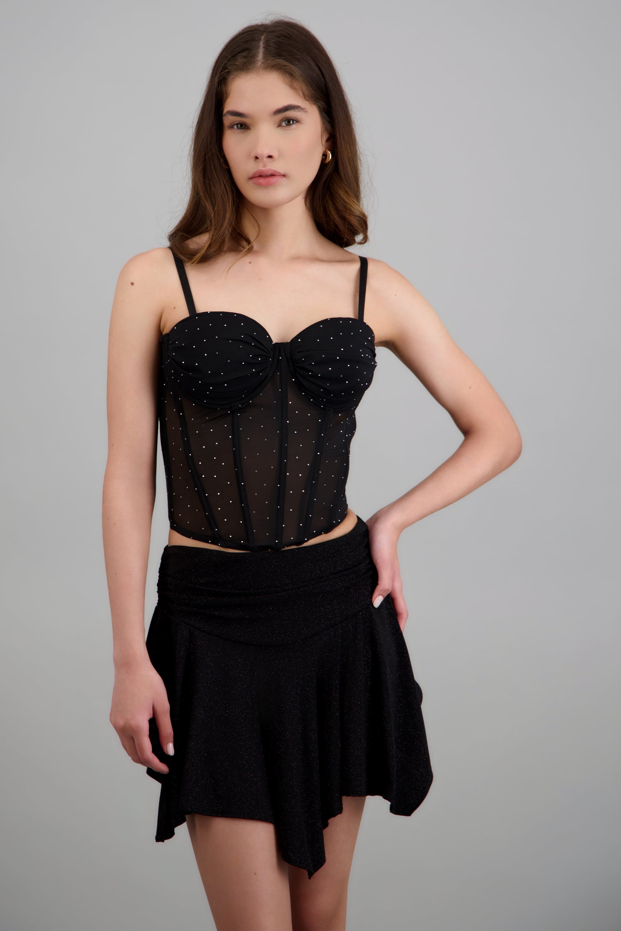 Blusa corset mesh brillos con copas y varillas NEGRO