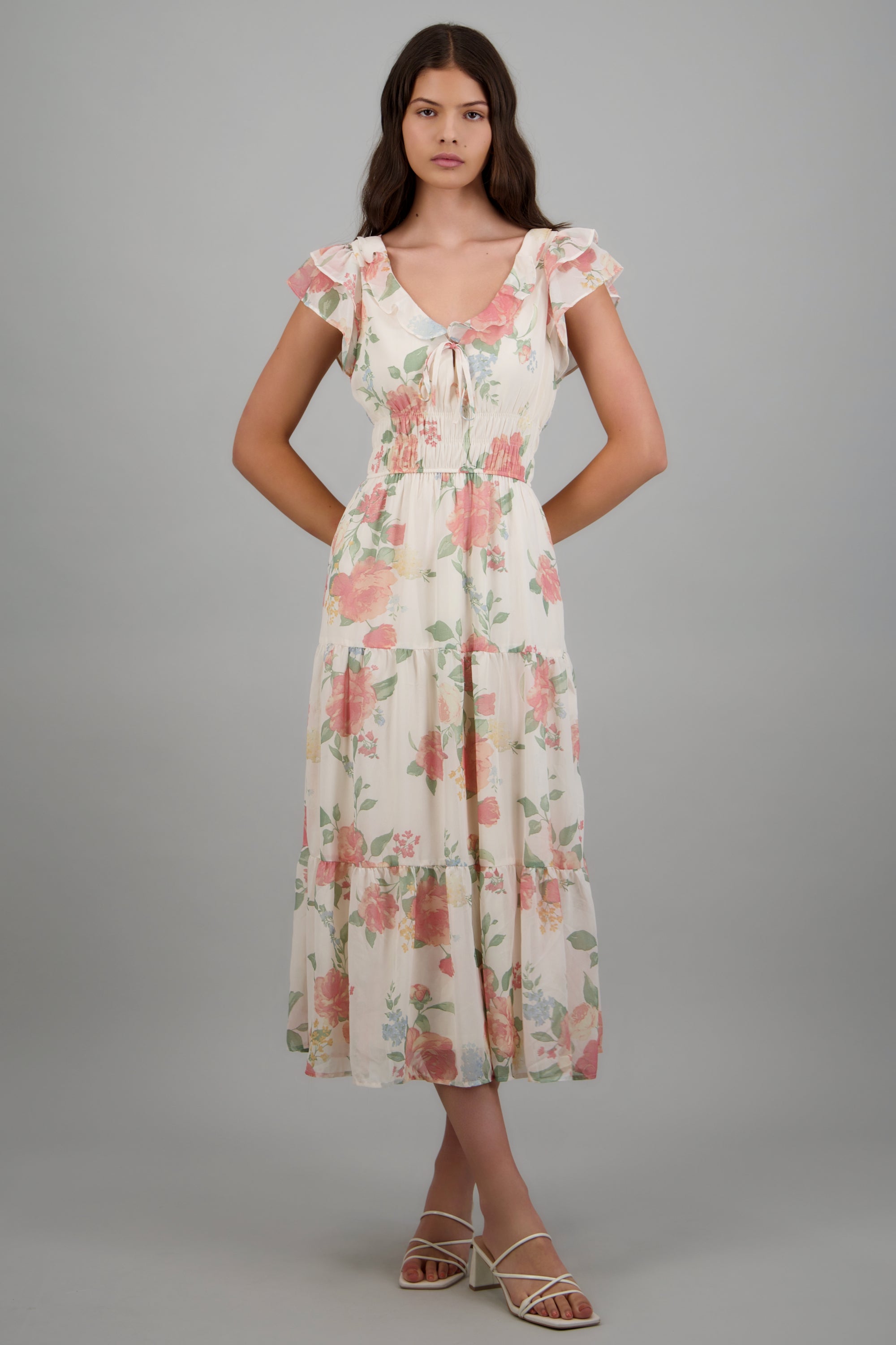 Vestido estamoado detalle olanes ROSA COMBO