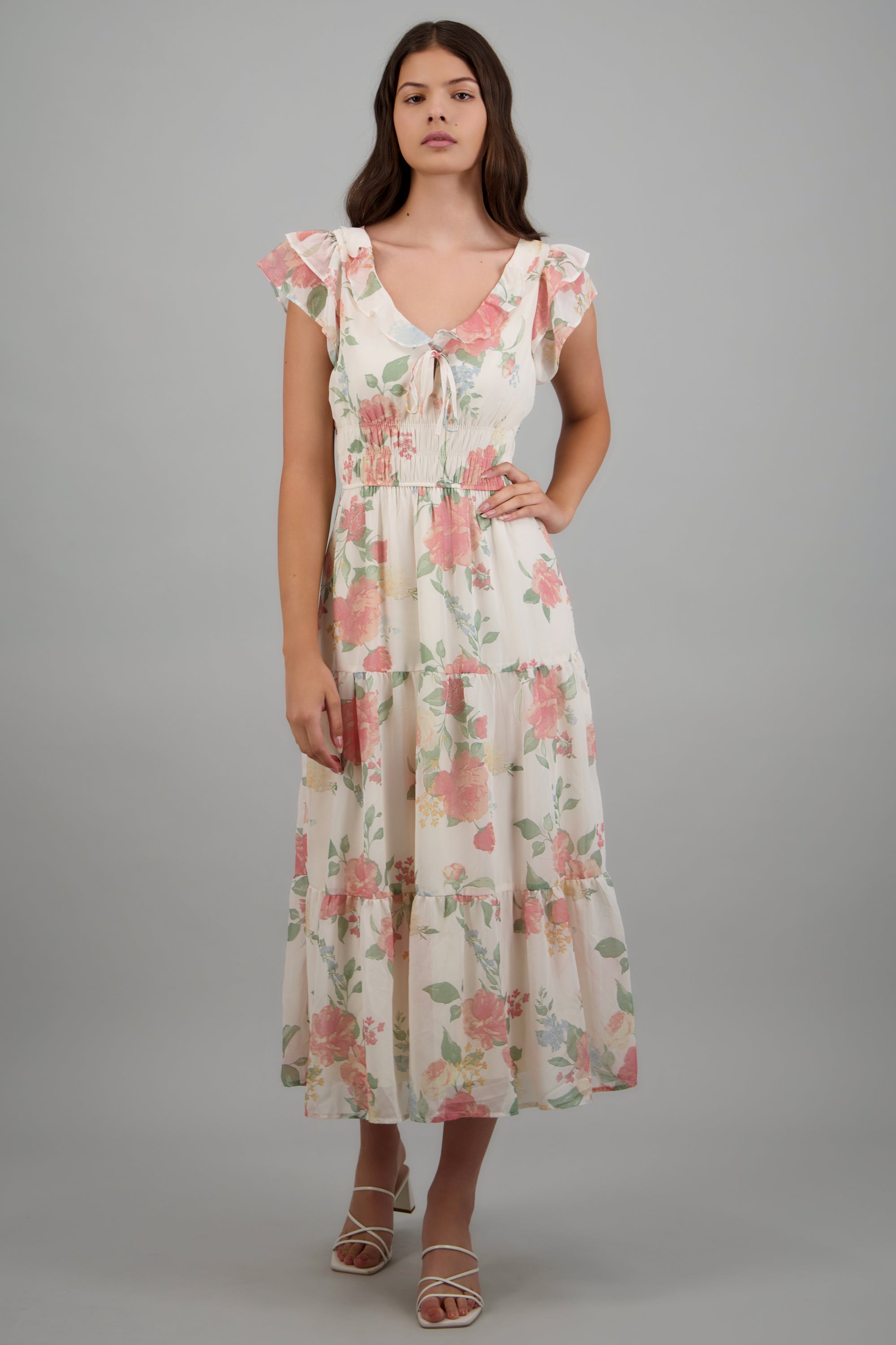 Vestido estamoado detalle olanes ROSA COMBO