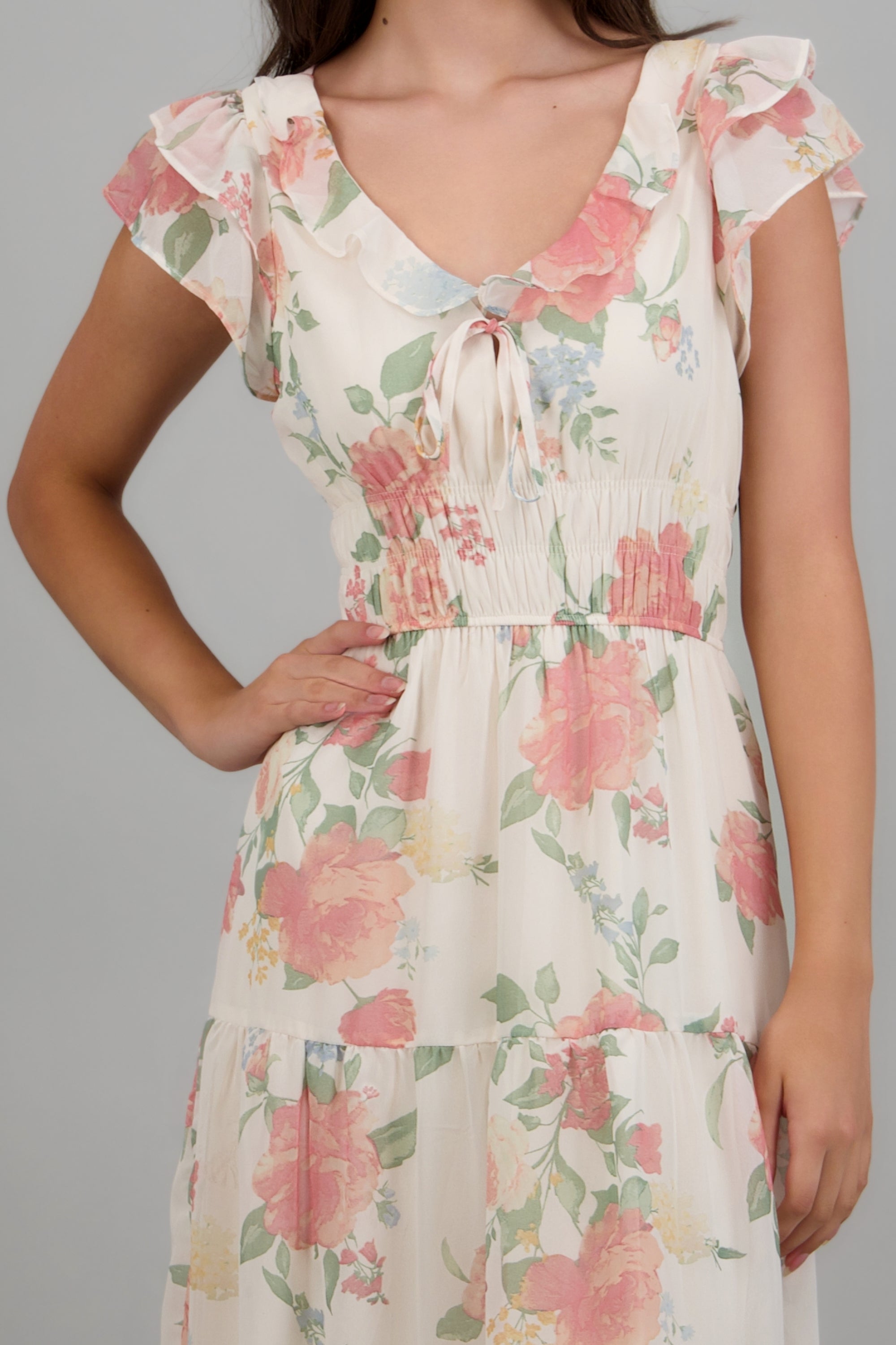 Vestido estamoado detalle olanes ROSA COMBO