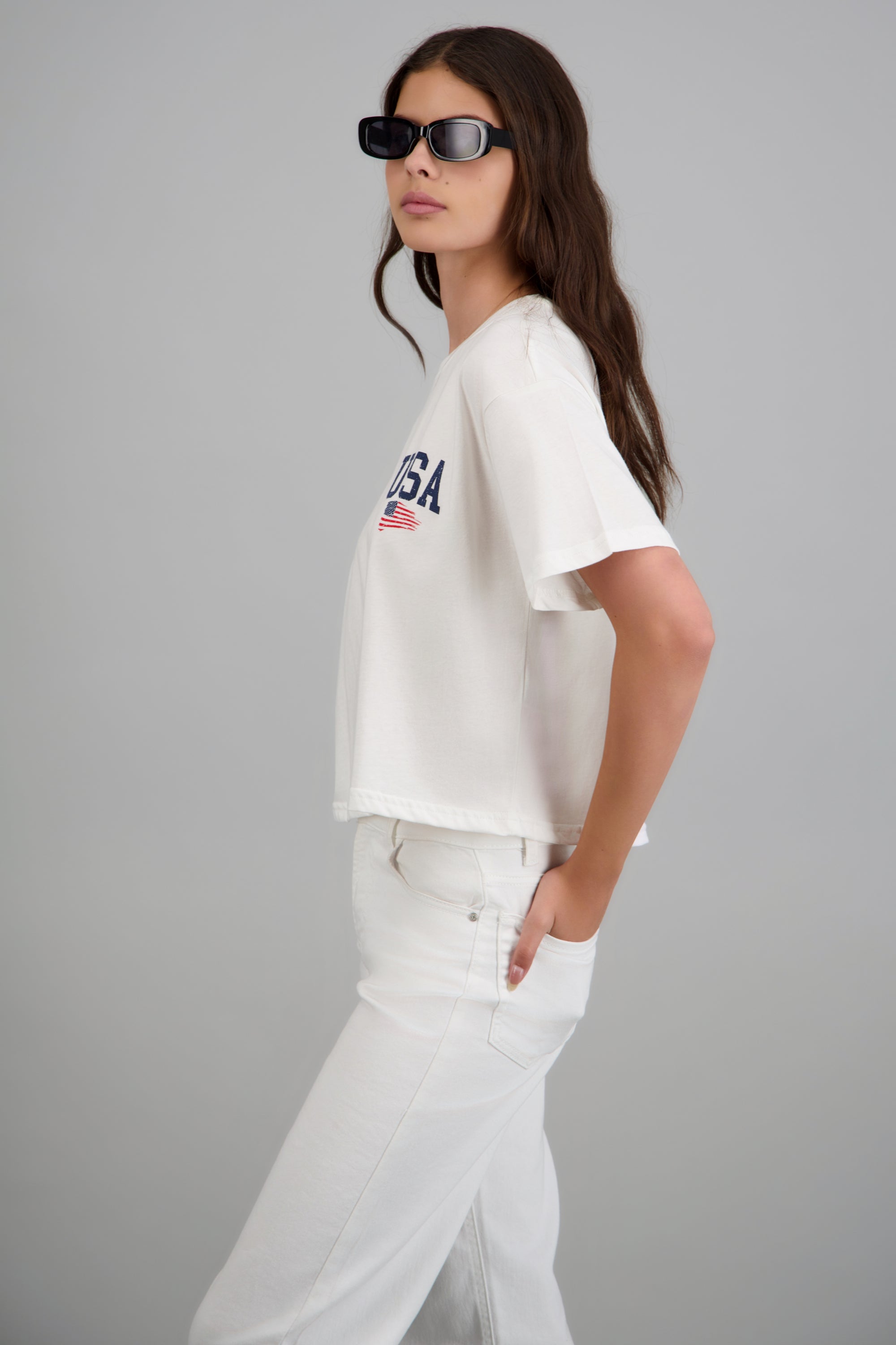 Playera estampado corta USA BLANCO COMBO