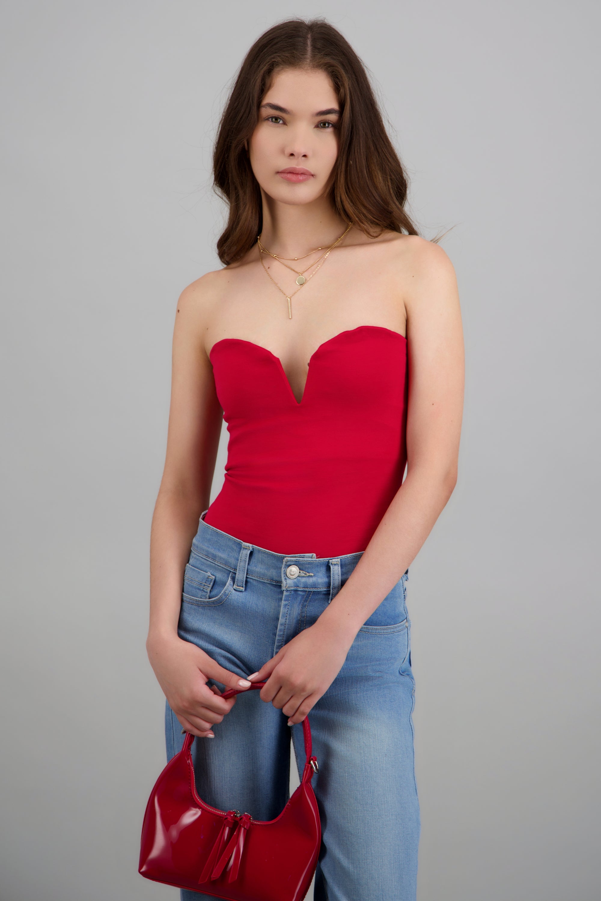 Bodysuit strapless detalle escote profundo ROJO