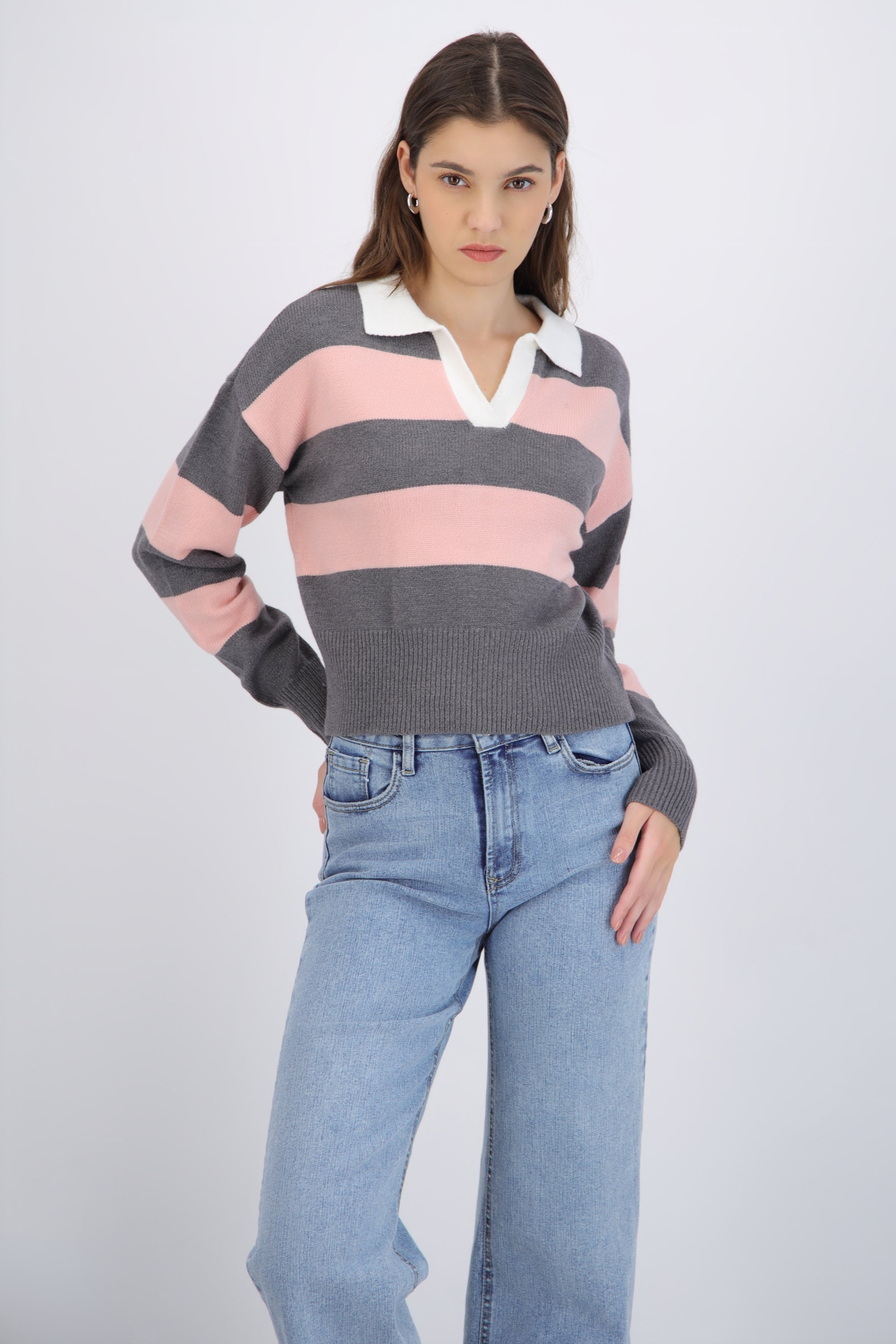 Sueter tejido cuello polo rayas